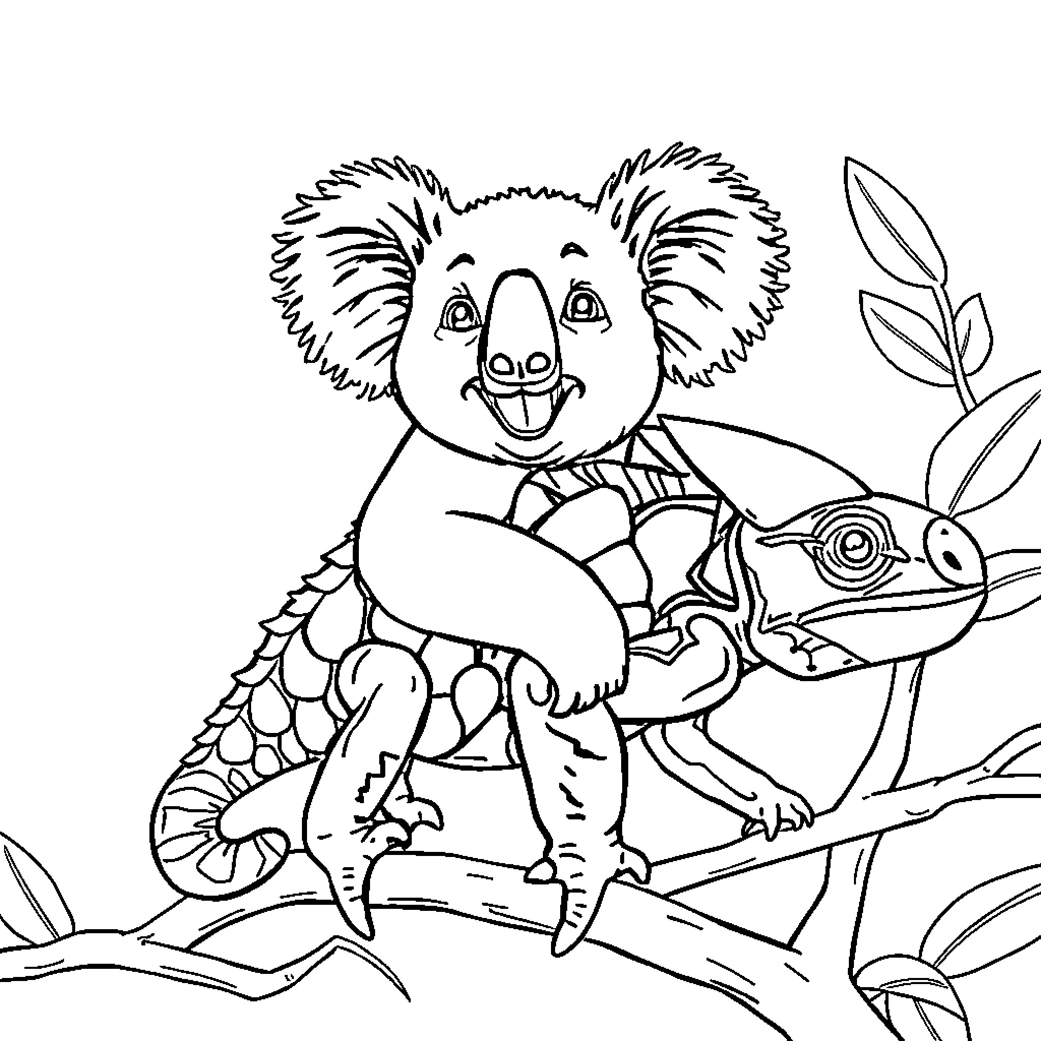 Koala holding a colorful lizard on a tree branch Coloring Page (free black-and-white line drawing printable PDF for all, from beginners to advanced learners, including children, teens, adults, and seniors)