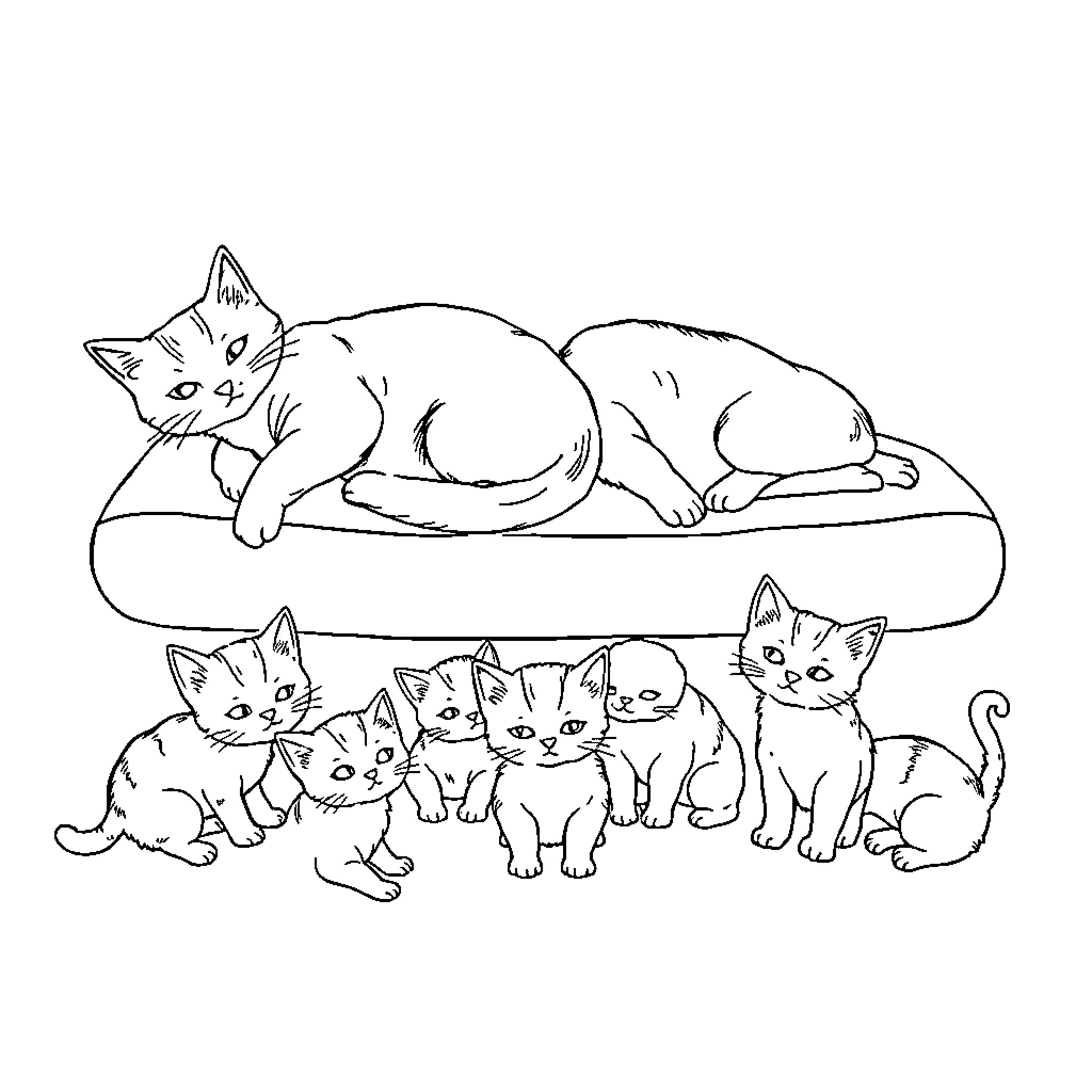 Cat with kittens resting on a couch Coloring Page (free black-and-white line drawing printable PDF for all, from beginners to advanced learners, including children, teens, adults, and seniors)