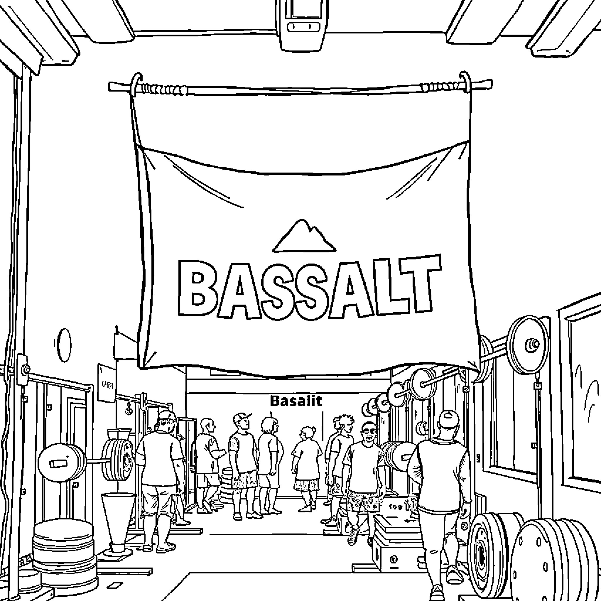 Flag showing company name in active business setting Coloring Page (free black-and-white line drawing printable PDF for all, from beginners to advanced learners, including children, teens, adults, and seniors)