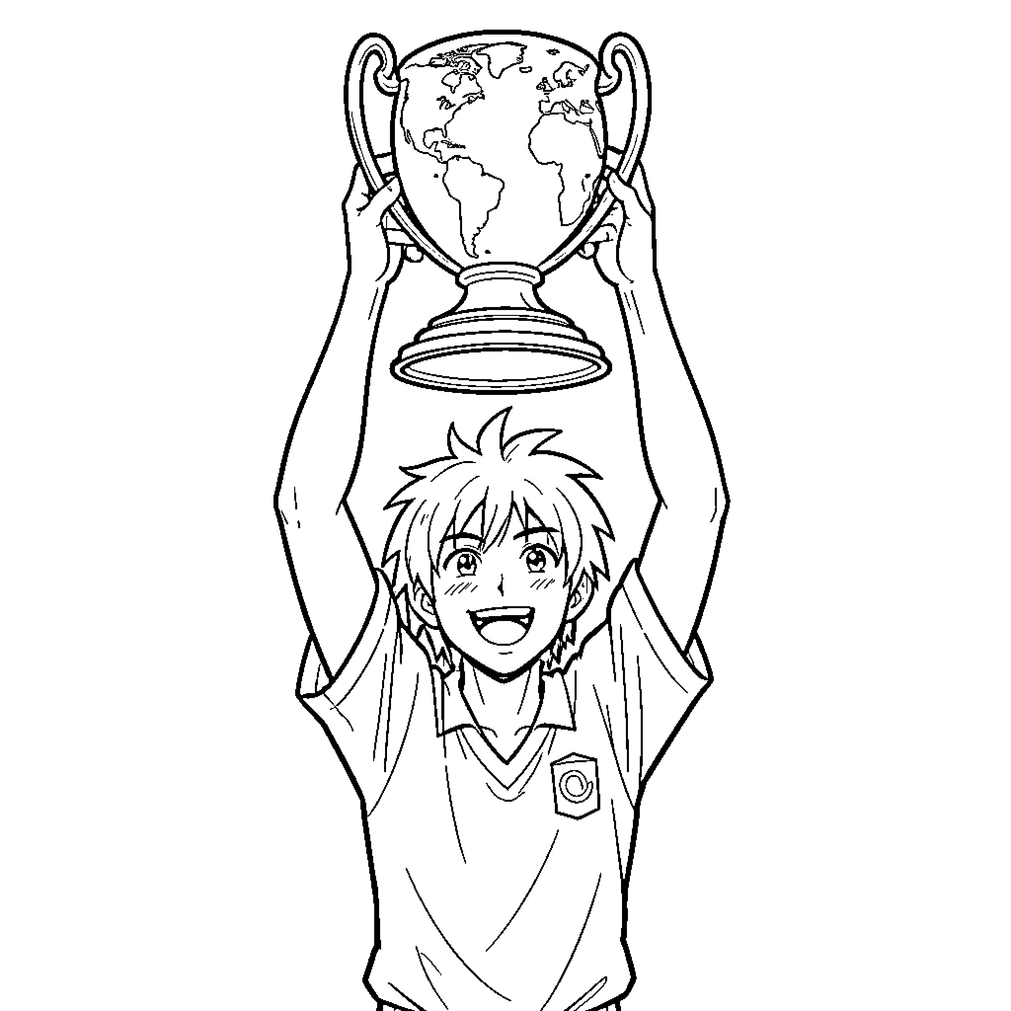Zidane celebrating joyfully while lifting a large trophy Coloring Page (free black-and-white line drawing printable PDF for all, from beginners to advanced learners, including children, teens, adults, and seniors)