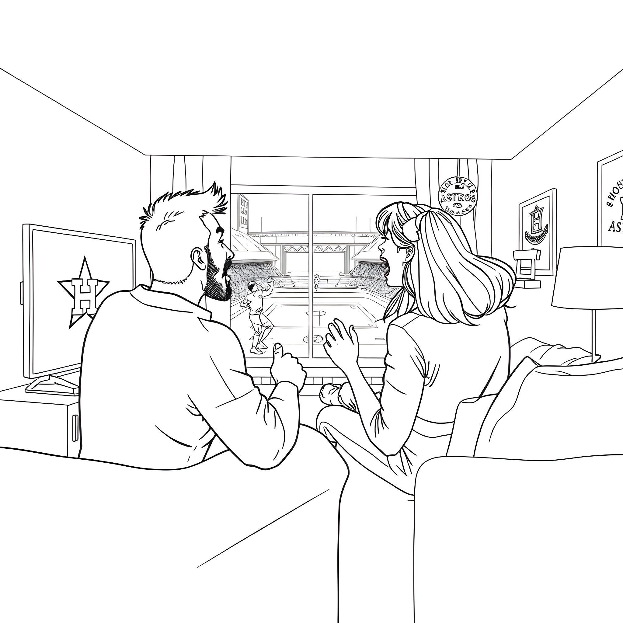 Husband and wife enjoying a cozy evening at home Coloring Page (free black-and-white line drawing printable PDF for all, from beginners to advanced learners, including children, teens, adults, and seniors)