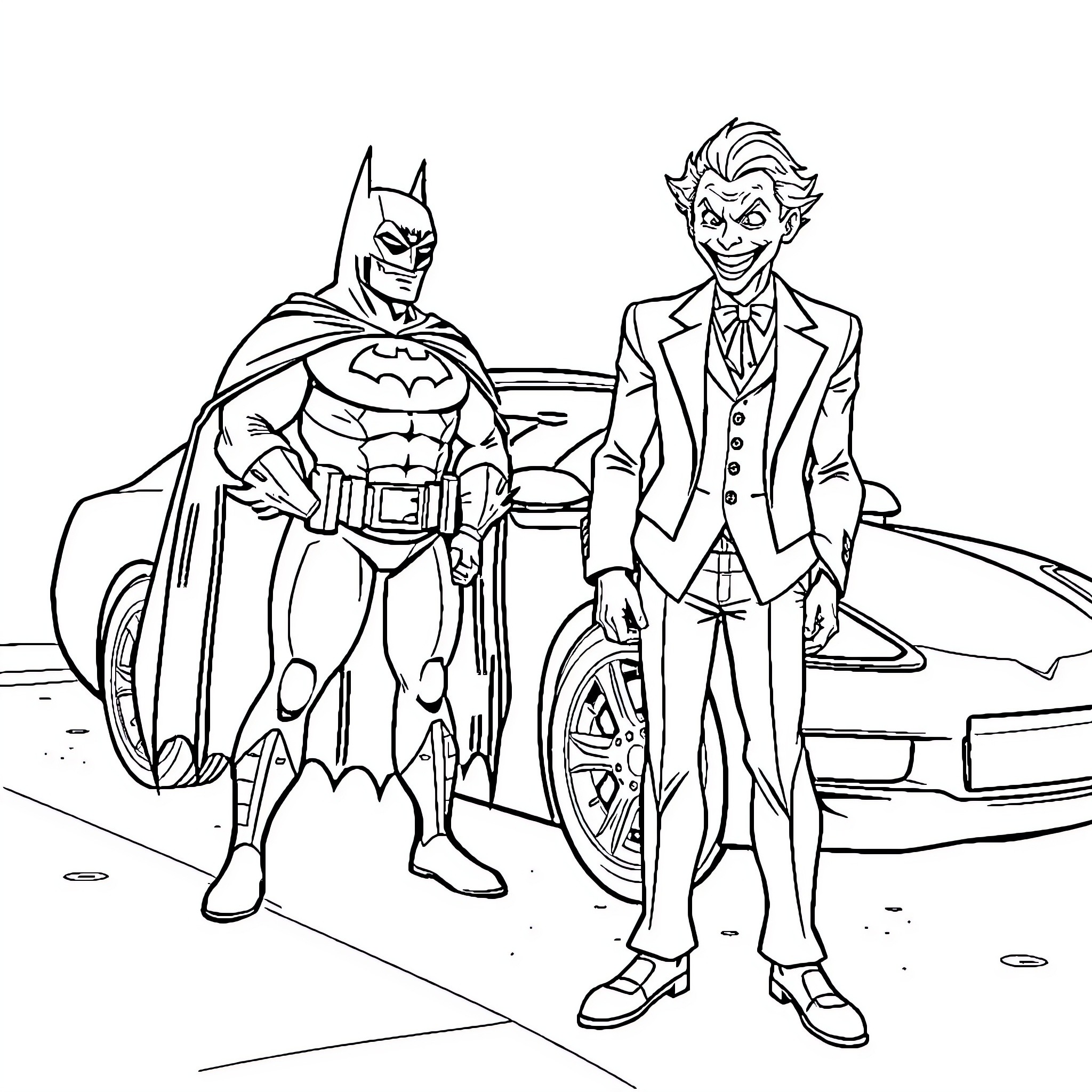 Batman and Joker face off in an intense standoff Coloring Page (free black-and-white line drawing printable PDF for all, from beginners to advanced learners, including children, teens, adults, and seniors)