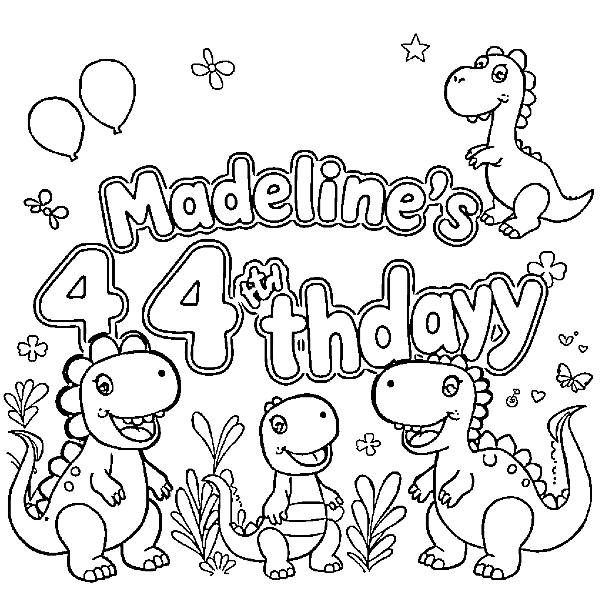 Dinosaurs celebrating Madeline's 4th birthday Coloring Page (free black-and-white line drawing printable PDF for all, from beginners to advanced learners, including children, teens, adults, and seniors)
