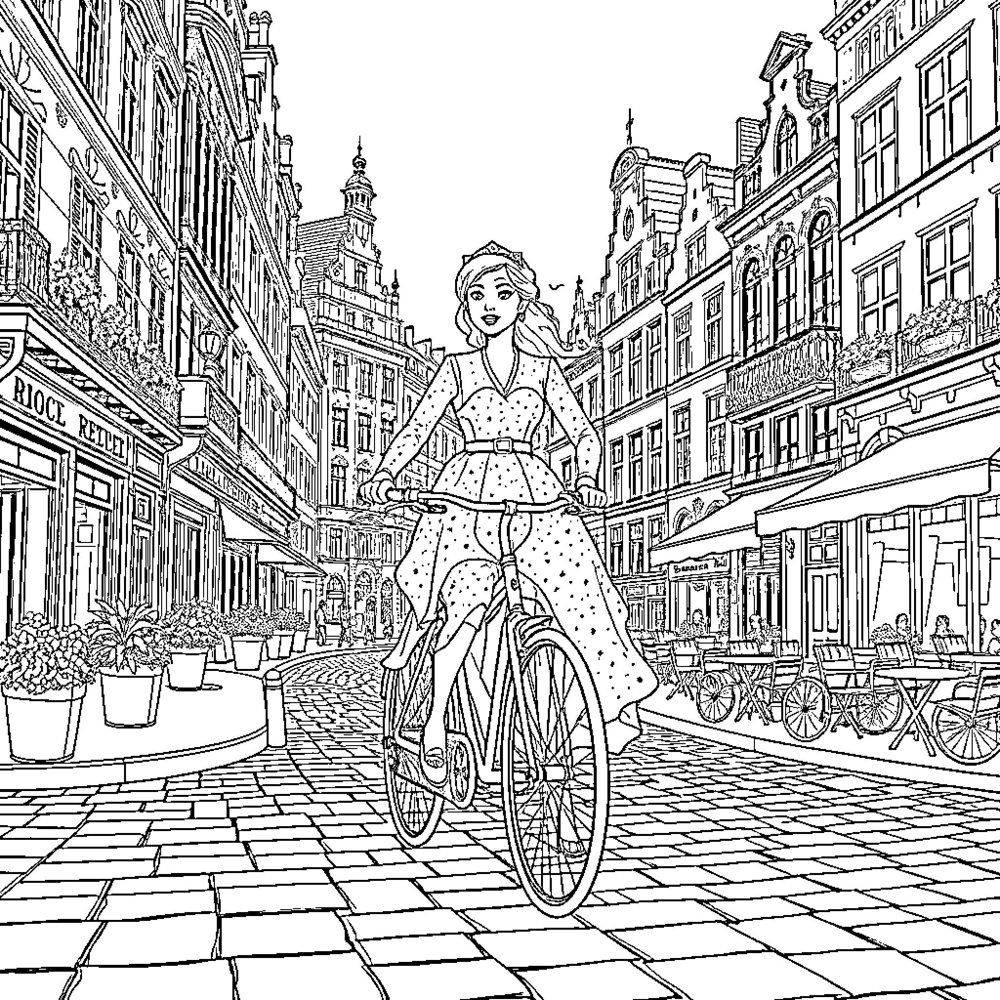 Snow Queen riding a bicycle through a cobblestone street Coloring Page (free black-and-white line drawing printable PDF for all, from beginners to advanced learners, including children, teens, adults, and seniors)