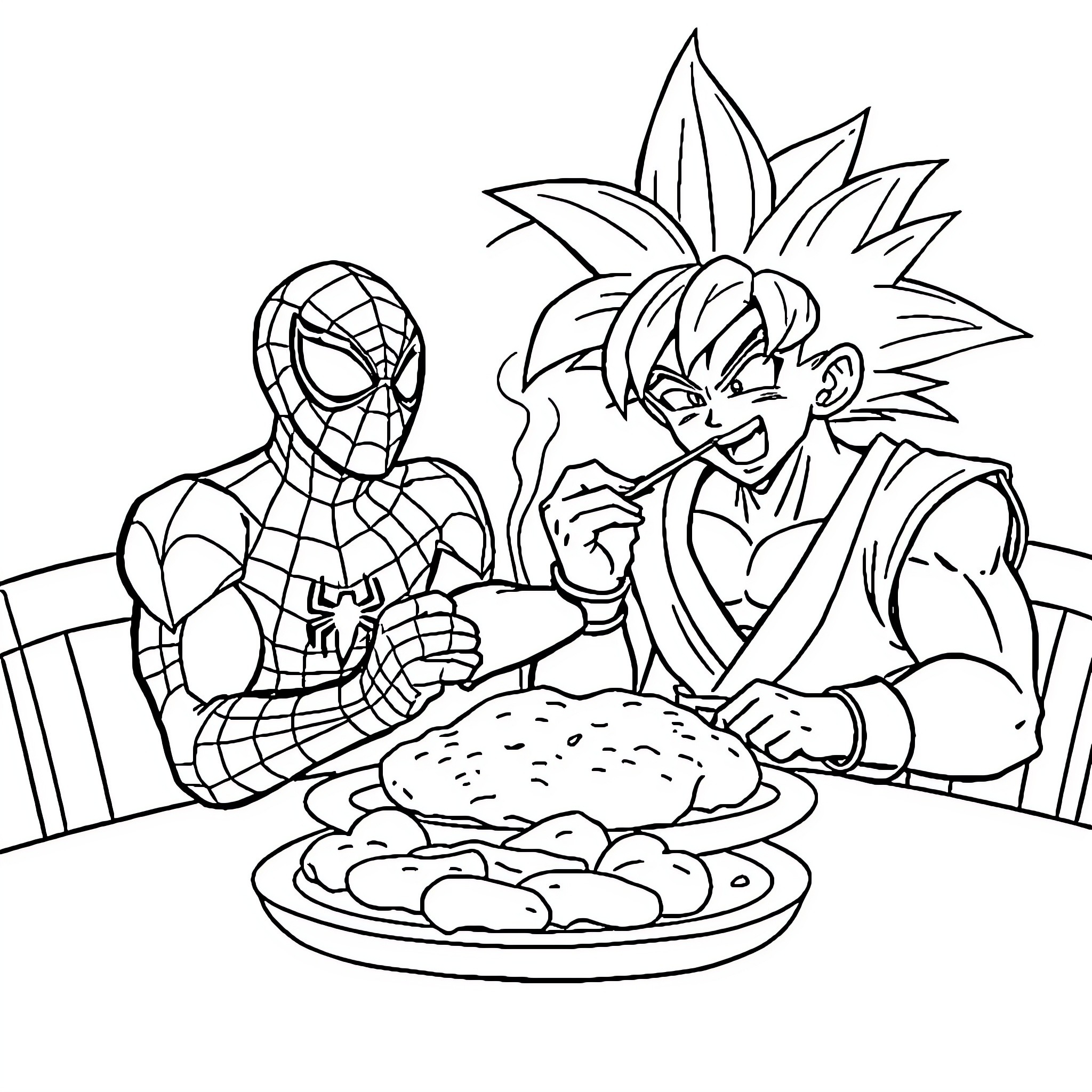 Spiderman and anime character eating a meal together Coloring Page (free black-and-white line drawing printable PDF for all, from beginners to advanced learners, including children, teens, adults, and seniors)