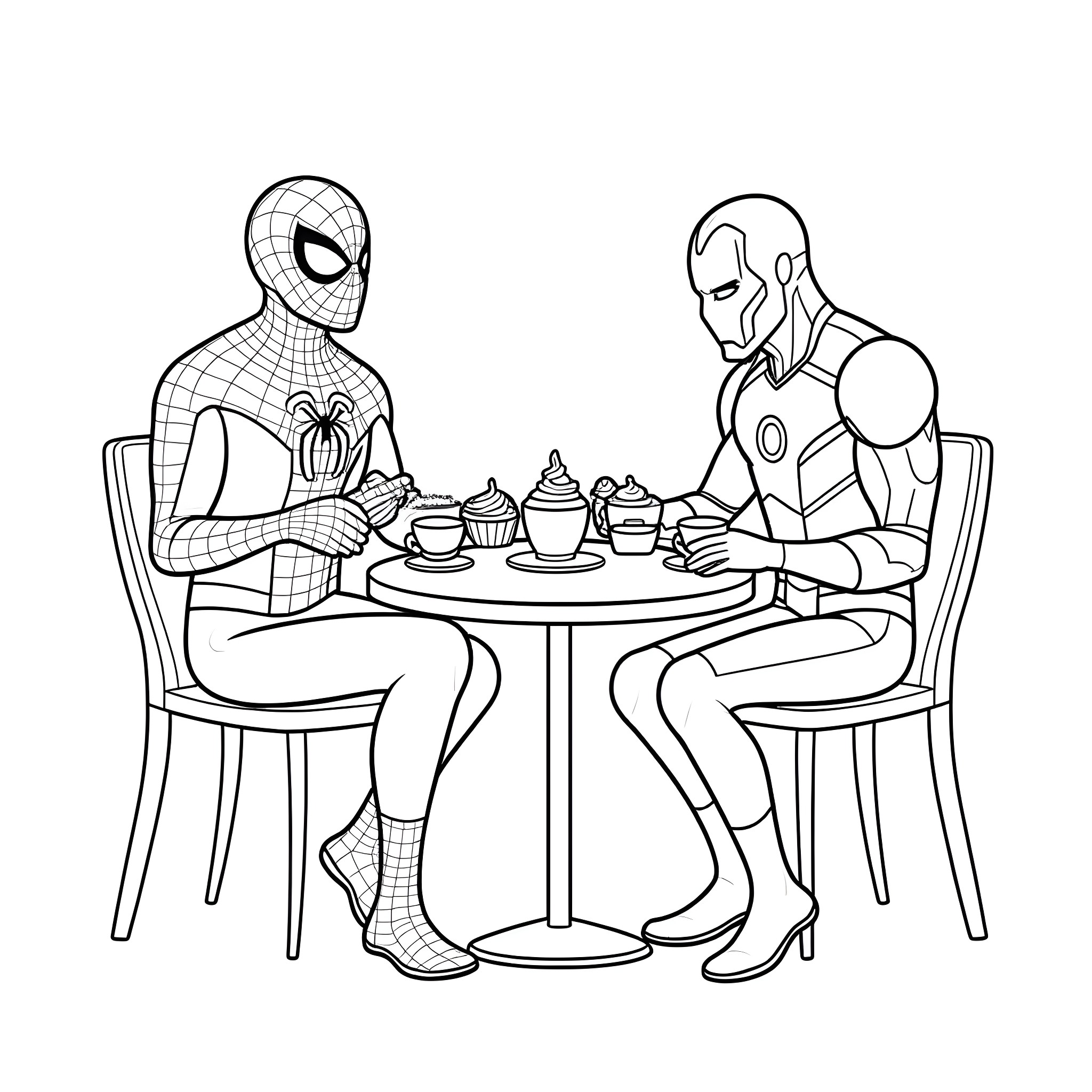Spiderman and Iron Man sharing a tea party Coloring Page (free black-and-white line drawing printable PDF for all, from beginners to advanced learners, including children, teens, adults, and seniors)