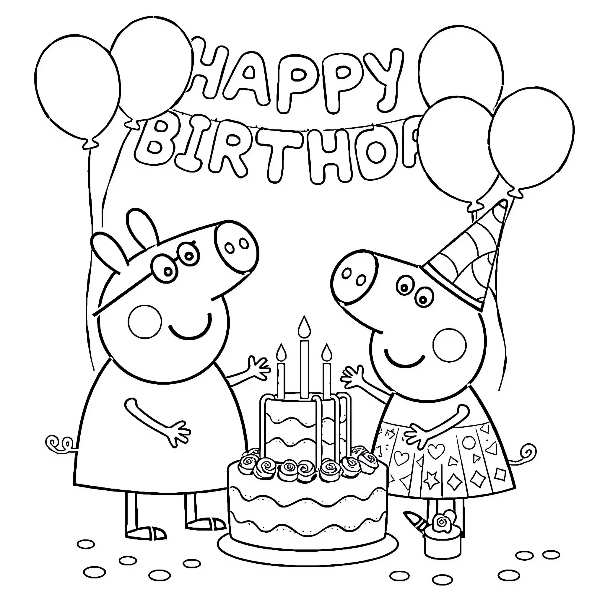 Peppa Pig and friends celebrating a happy birthday Coloring Page (free black-and-white line drawing printable PDF for all, from beginners to advanced learners, including children, teens, adults, and seniors)