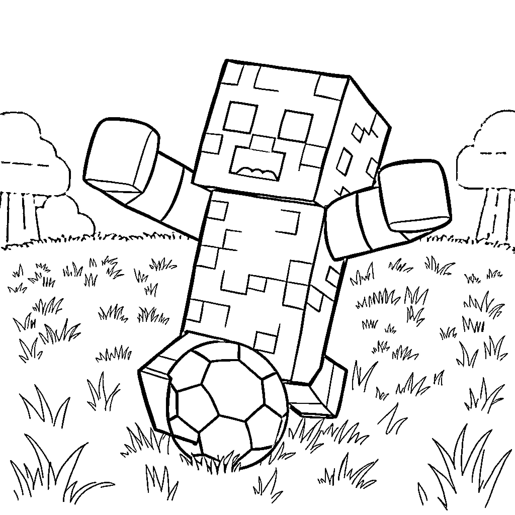 Creeper playing with a soccer ball in the meadow Coloring Page (free black-and-white line drawing printable PDF for all, from beginners to advanced learners, including children, teens, adults, and seniors)