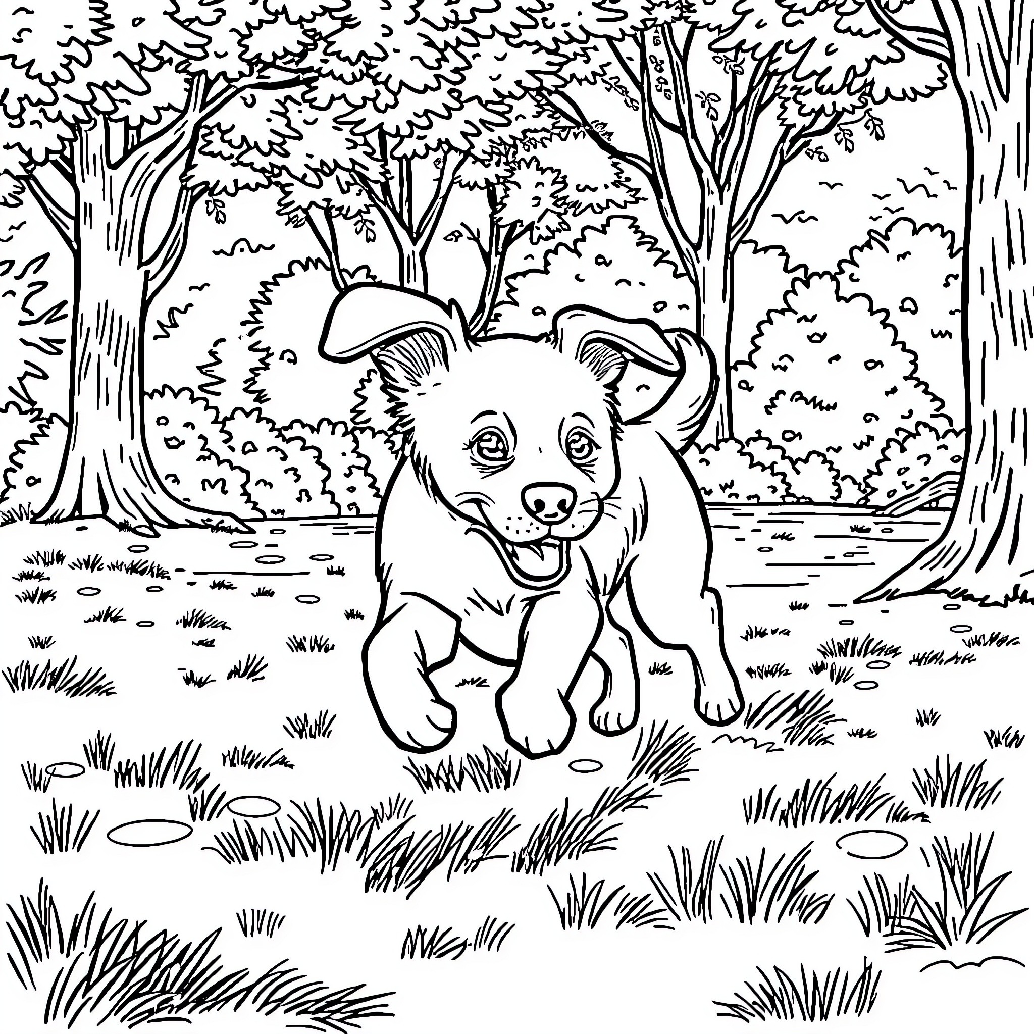 Dog playing joyfully in a forest landscape Coloring Page (free black-and-white line drawing printable PDF for all, from beginners to advanced learners, including children, teens, adults, and seniors)