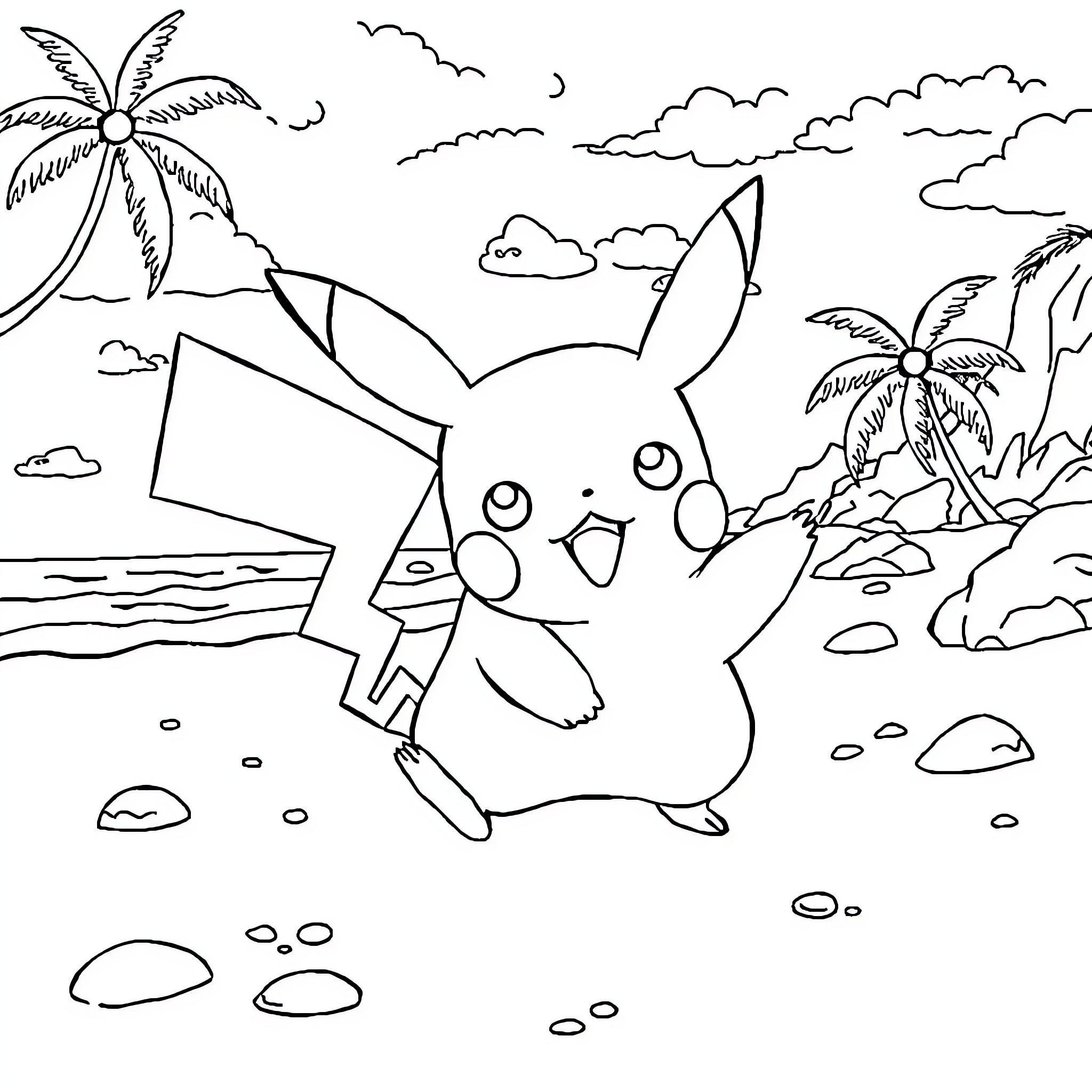 Pikachu enjoying a tropical beach vacation Coloring Page (free black-and-white line drawing printable PDF for all, from beginners to advanced learners, including children, teens, adults, and seniors)
