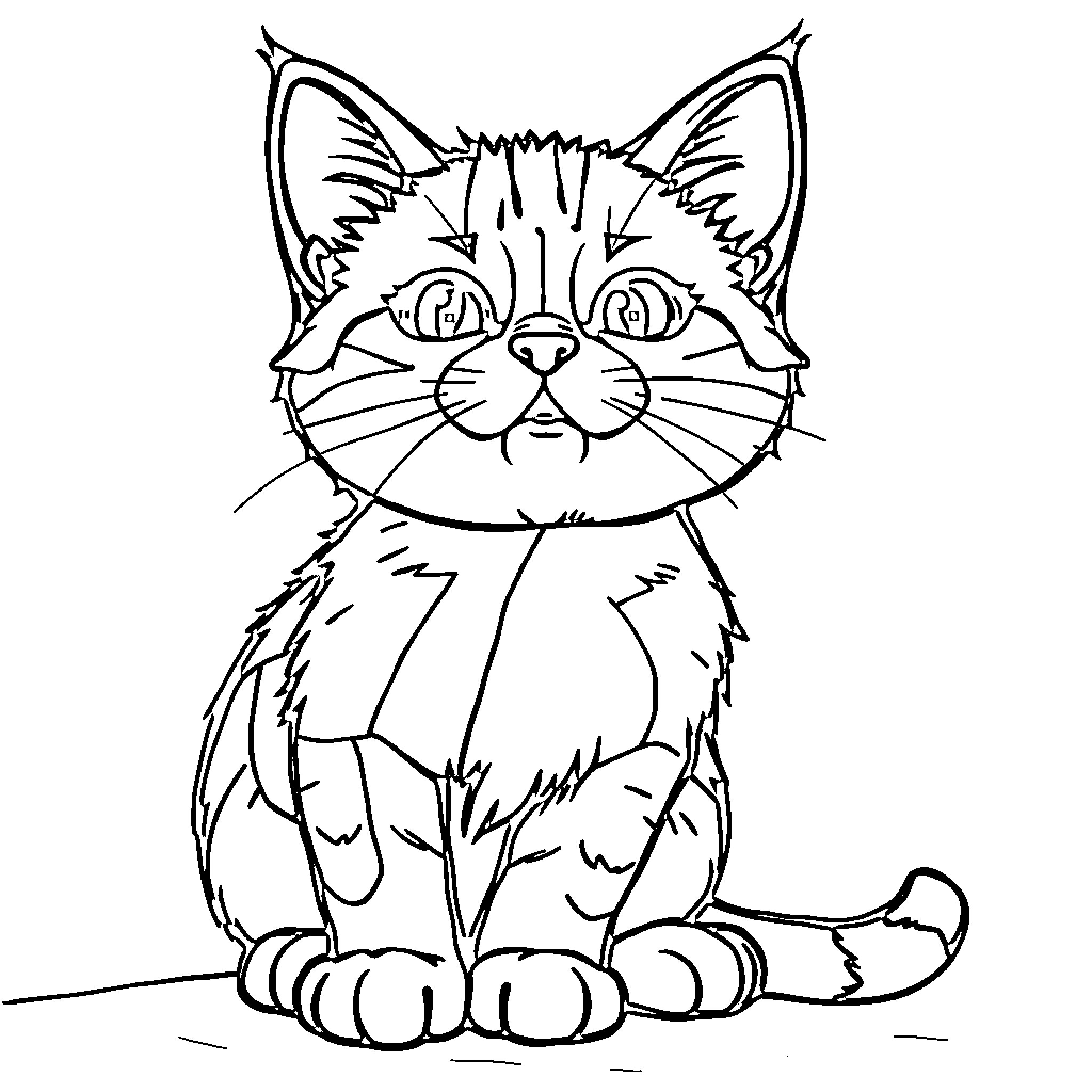 Cat with expressive face in simple line drawing Coloring Page (free black-and-white line drawing printable PDF for all, from beginners to advanced learners, including children, teens, adults, and seniors)