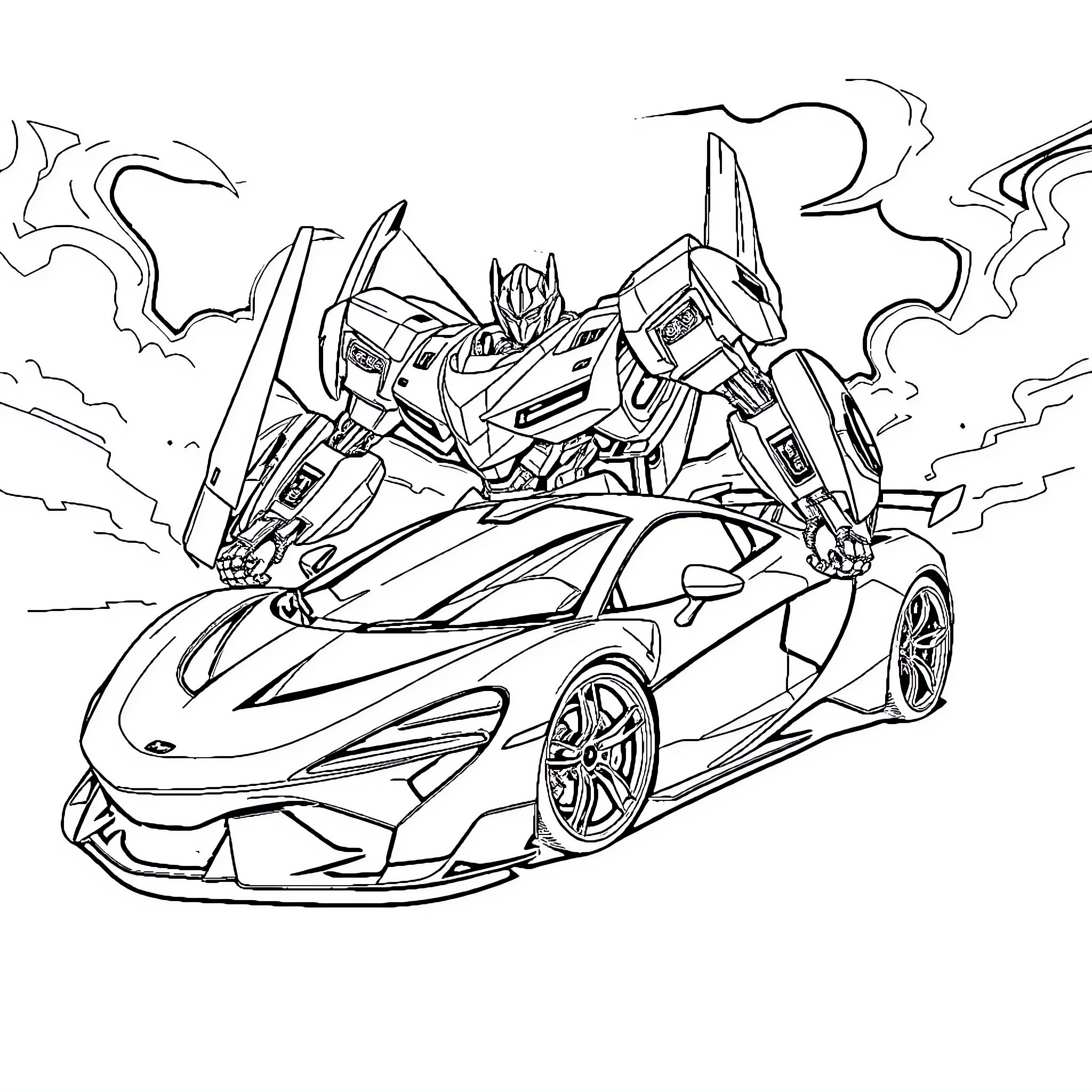 McLaren supercar transforms into robot warrior Coloring Page (free black-and-white line drawing printable PDF for all, from beginners to advanced learners, including children, teens, adults, and seniors)