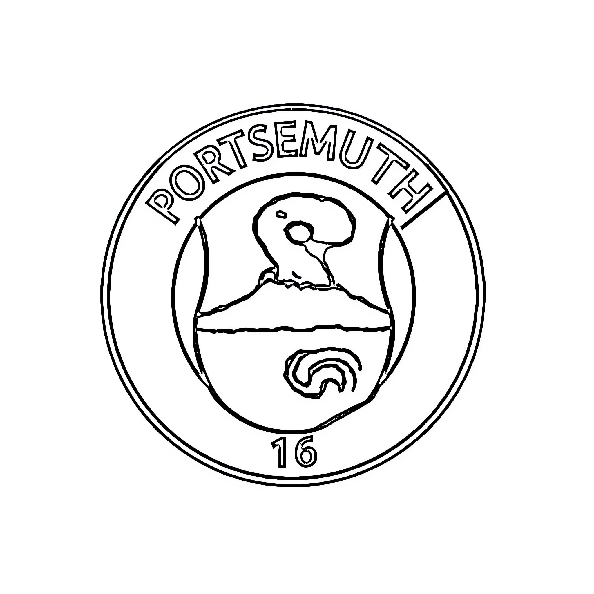 Portsmouth FC team crest with mountain design Coloring Page (free black-and-white line drawing printable PDF for all, from beginners to advanced learners, including children, teens, adults, and seniors)