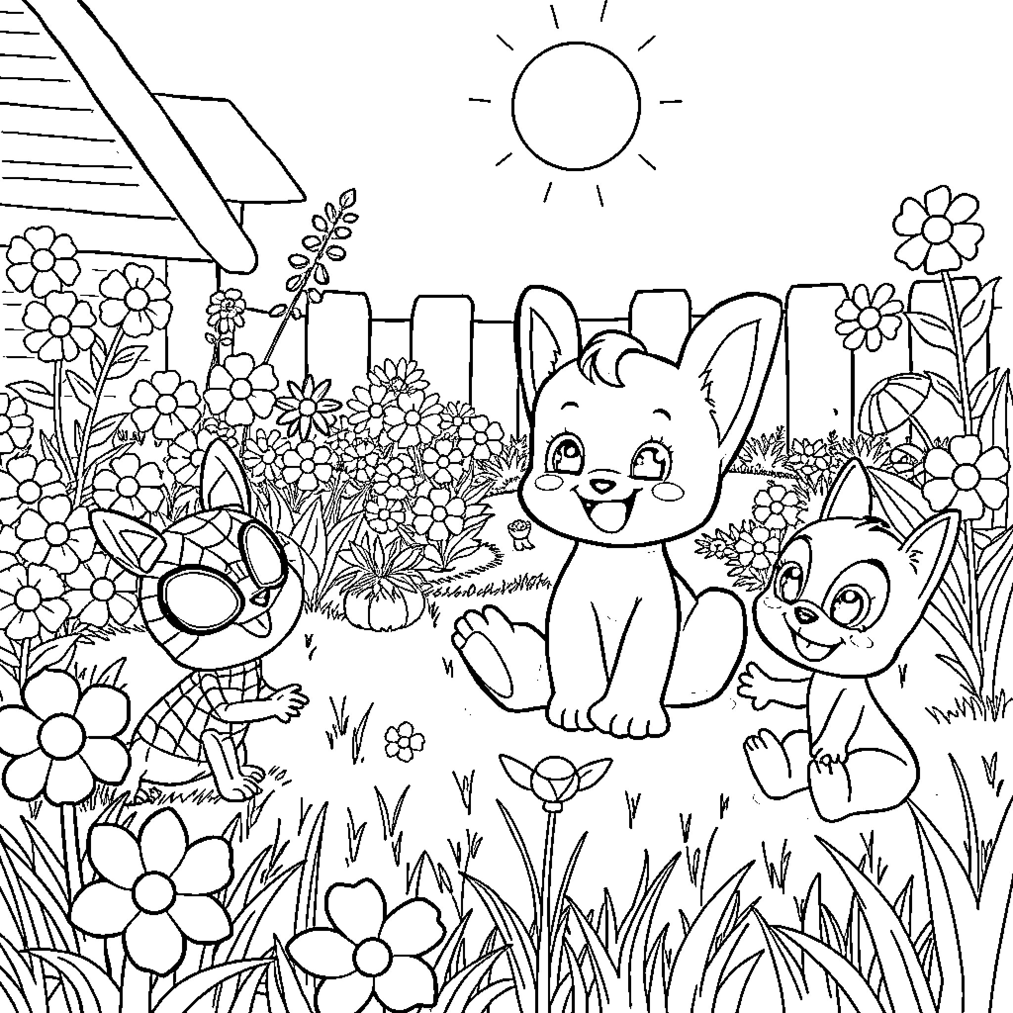 Bluey and Friends Explore the Flower Garden Coloring Page (free black-and-white line drawing printable PDF for all, from beginners to advanced learners, including children, teens, adults, and seniors)