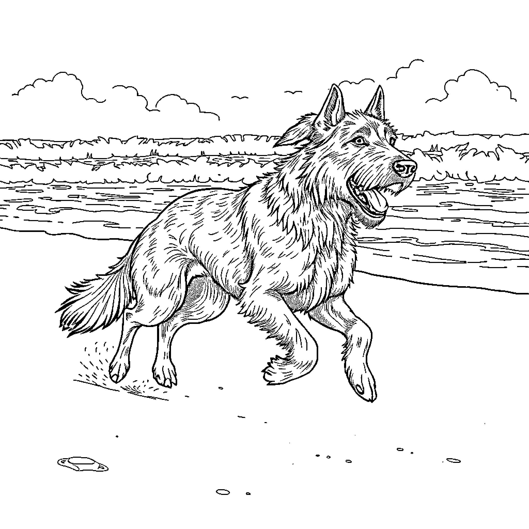 Irish Wolfhound running joyfully on the beach Coloring Page (free black-and-white line drawing printable PDF for all, from beginners to advanced learners, including children, teens, adults, and seniors)
