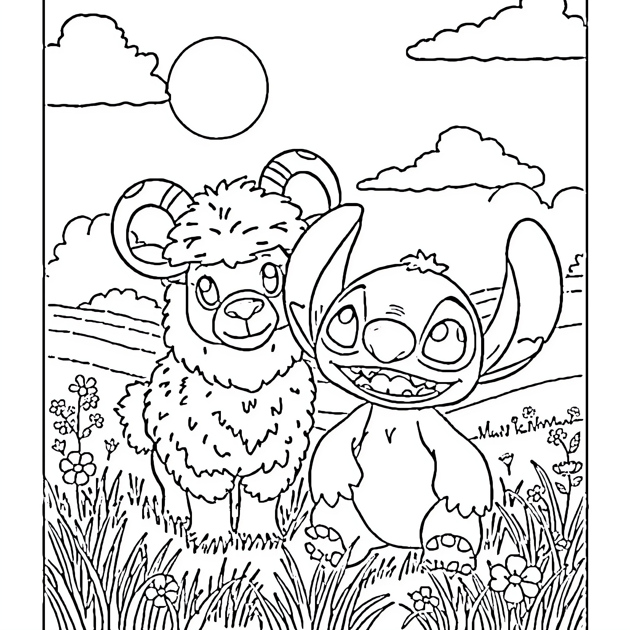 Stitch and Scrump in the Meadow Coloring Page (free black-and-white line drawing printable PDF for all, from beginners to advanced learners, including children, teens, adults, and seniors)