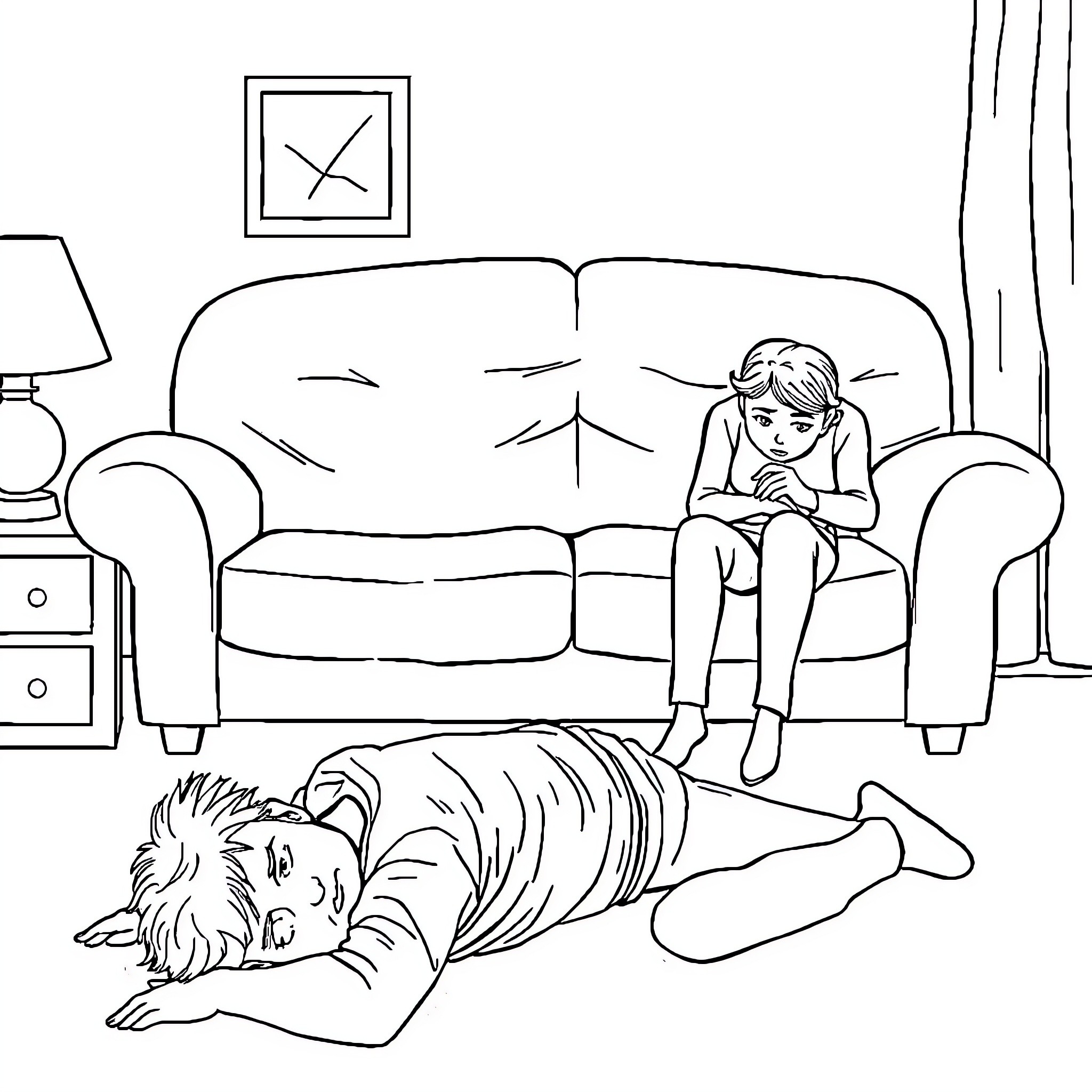 Man troubled while unconscious person lies on floor Coloring Page (free black-and-white line drawing printable PDF for all, from beginners to advanced learners, including children, teens, adults, and seniors)