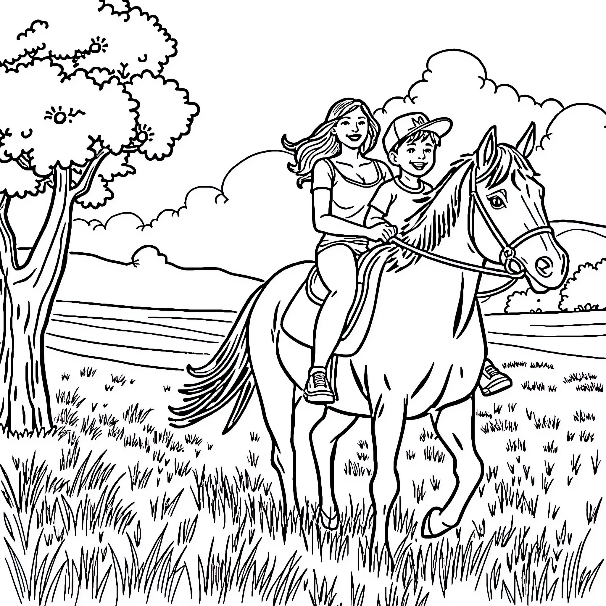 Horse riding with young woman in the countryside Coloring Page (free black-and-white line drawing printable PDF for all, from beginners to advanced learners, including children, teens, adults, and seniors)
