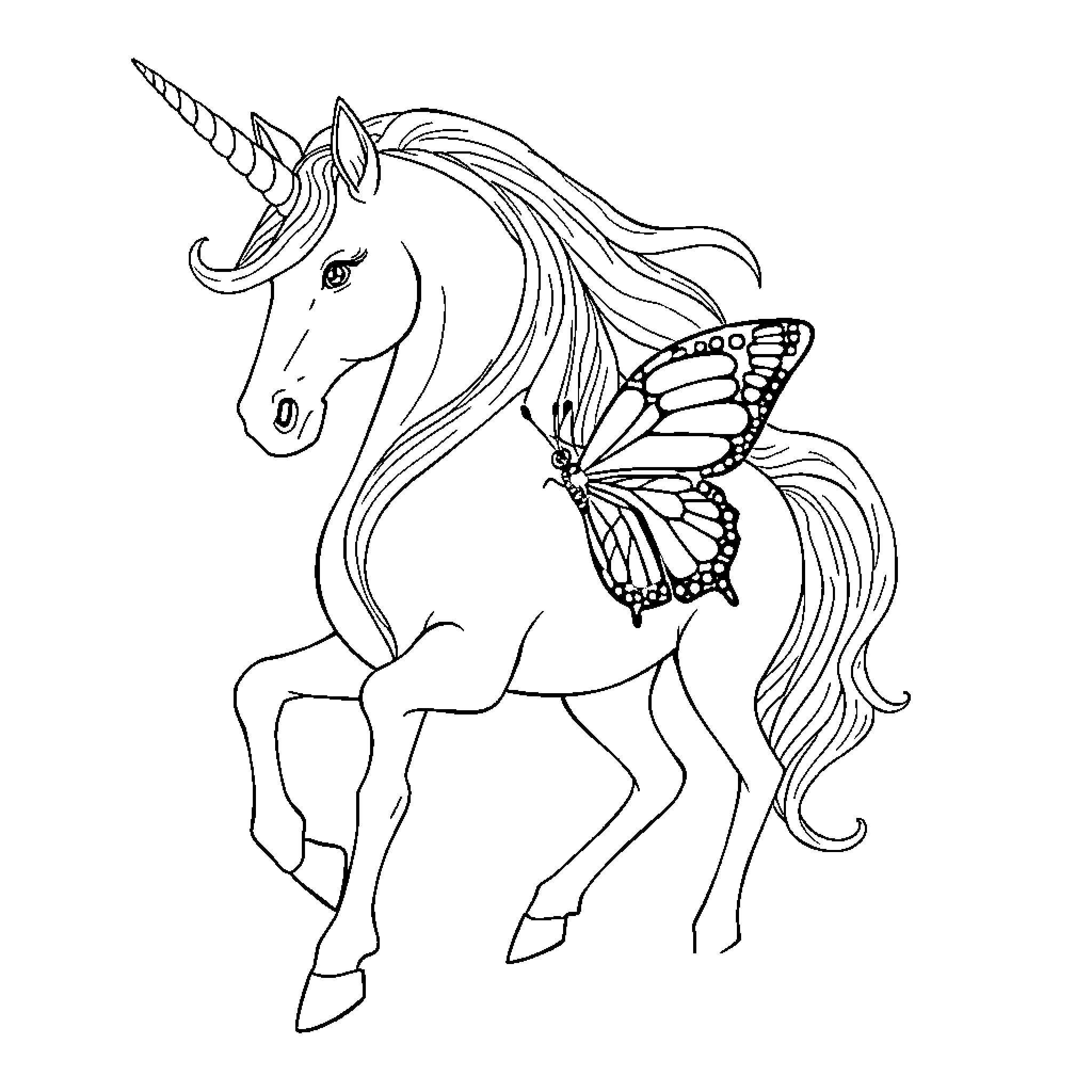 Butterfly-winged Unicorn Illustration Coloring Page (free black-and-white line drawing printable PDF for all, from beginners to advanced learners, including children, teens, adults, and seniors)