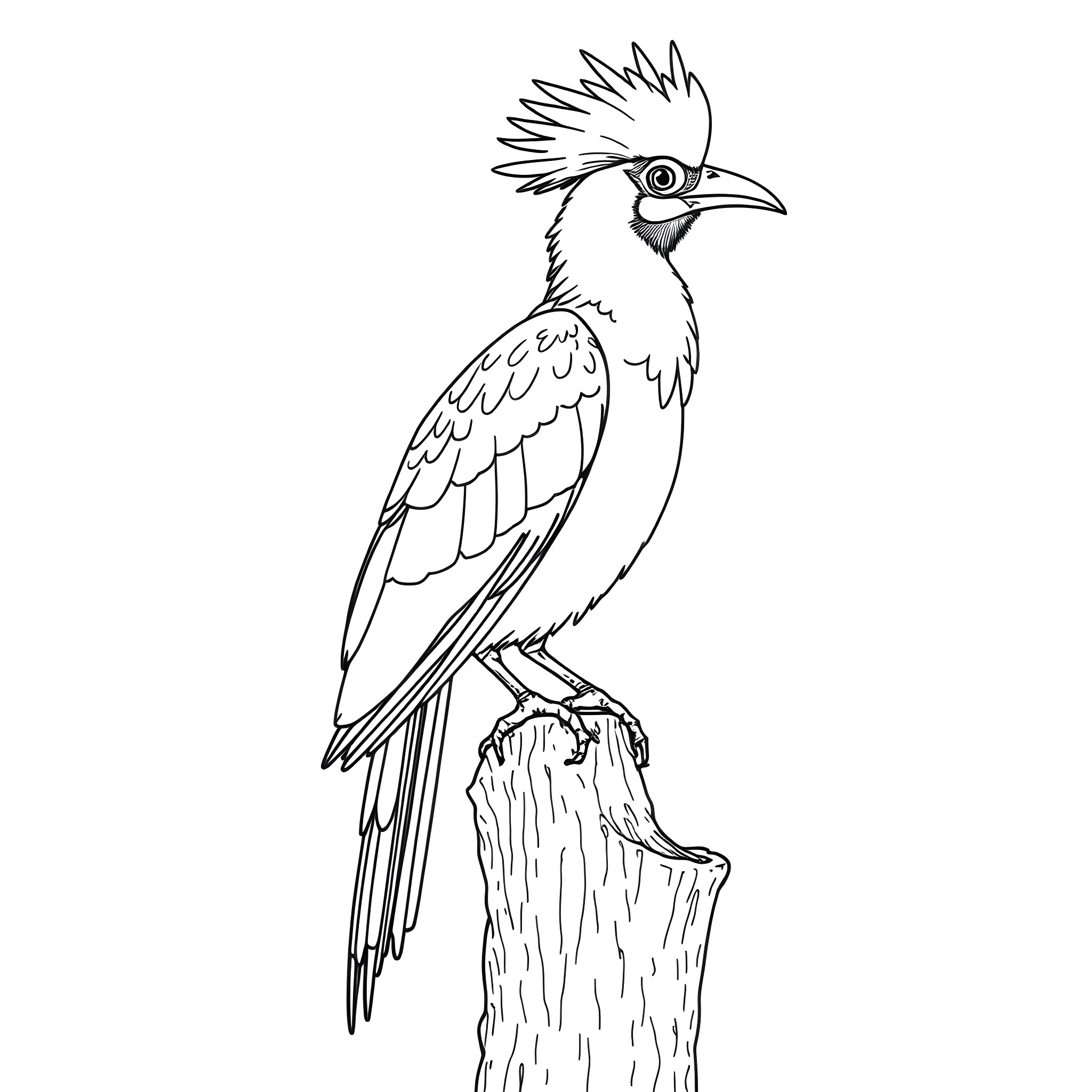 Turaco perched on a tree stump Coloring Page (free black-and-white line drawing printable PDF for all, from beginners to advanced learners, including children, teens, adults, and seniors)