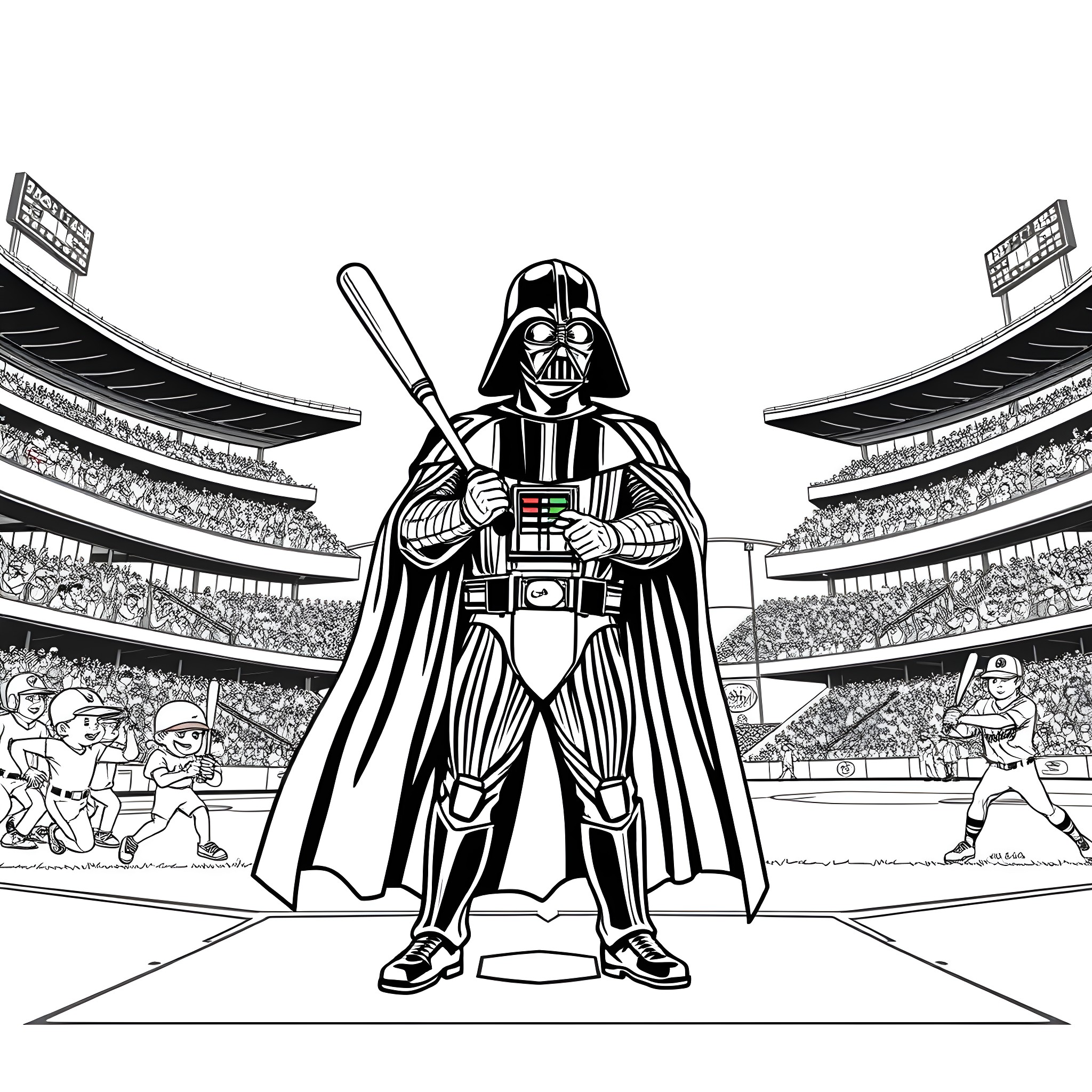 Darth Vader commanding the baseball stadium Coloring Page (free black-and-white line drawing printable PDF for all, from beginners to advanced learners, including children, teens, adults, and seniors)