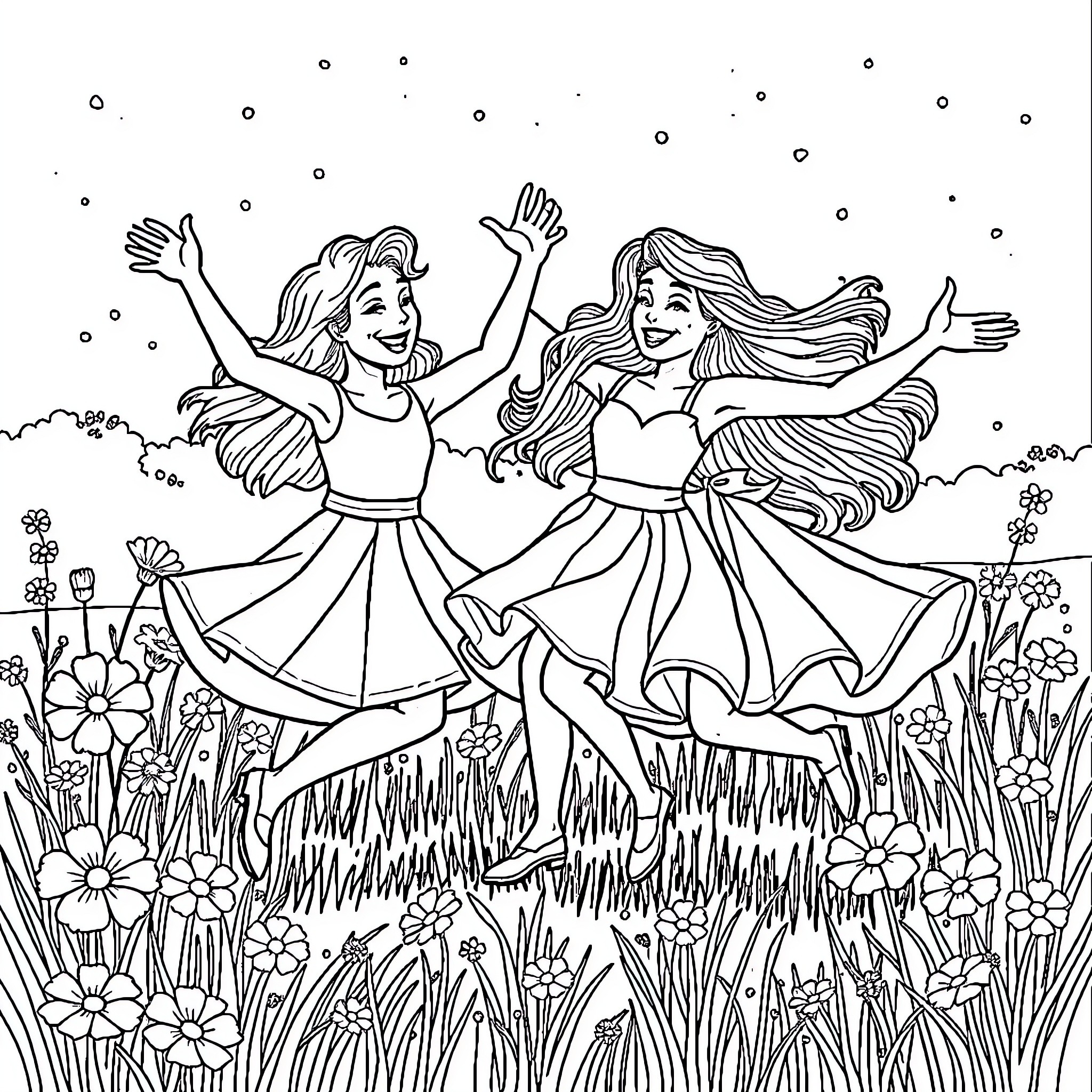 Dudels: Two girls joyfully dancing in a floral meadow Coloring Page (free black-and-white line drawing printable PDF for all, from beginners to advanced learners, including children, teens, adults, and seniors)