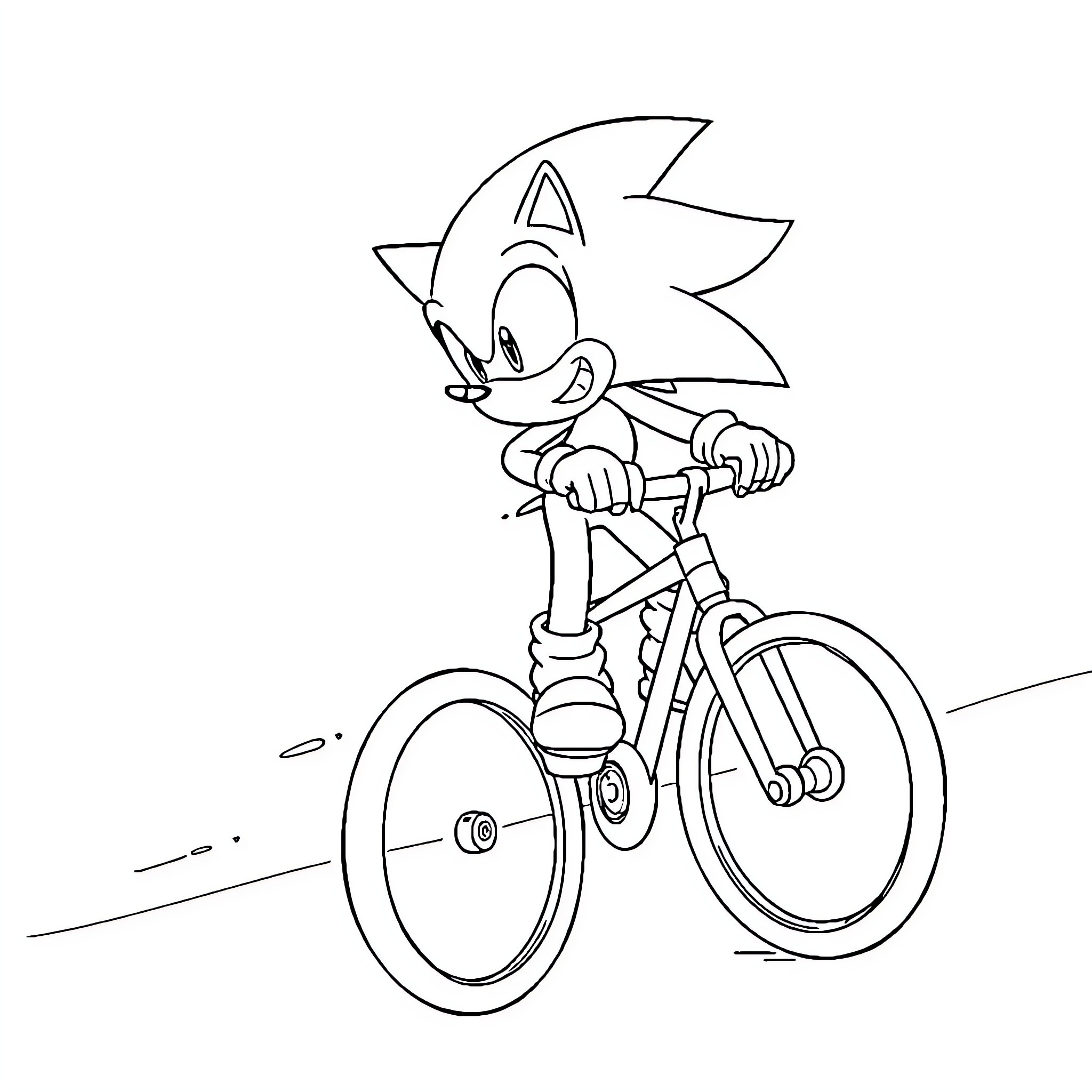 Sonic speeding on a bicycle Coloring Page (free black-and-white line drawing printable PDF for all, from beginners to advanced learners, including children, teens, adults, and seniors)
