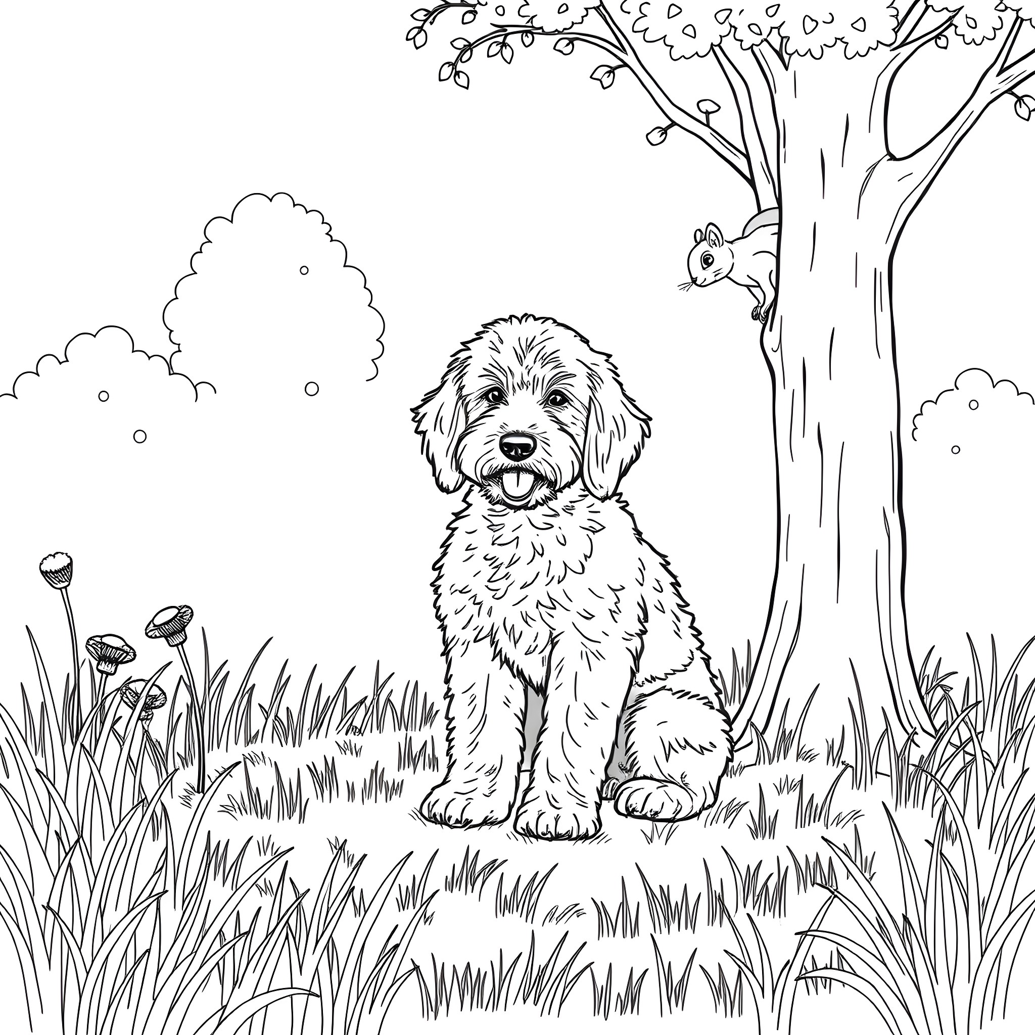 Golden Doodle playing happily in the park Coloring Page (free black-and-white line drawing printable PDF for all, from beginners to advanced learners, including children, teens, adults, and seniors)