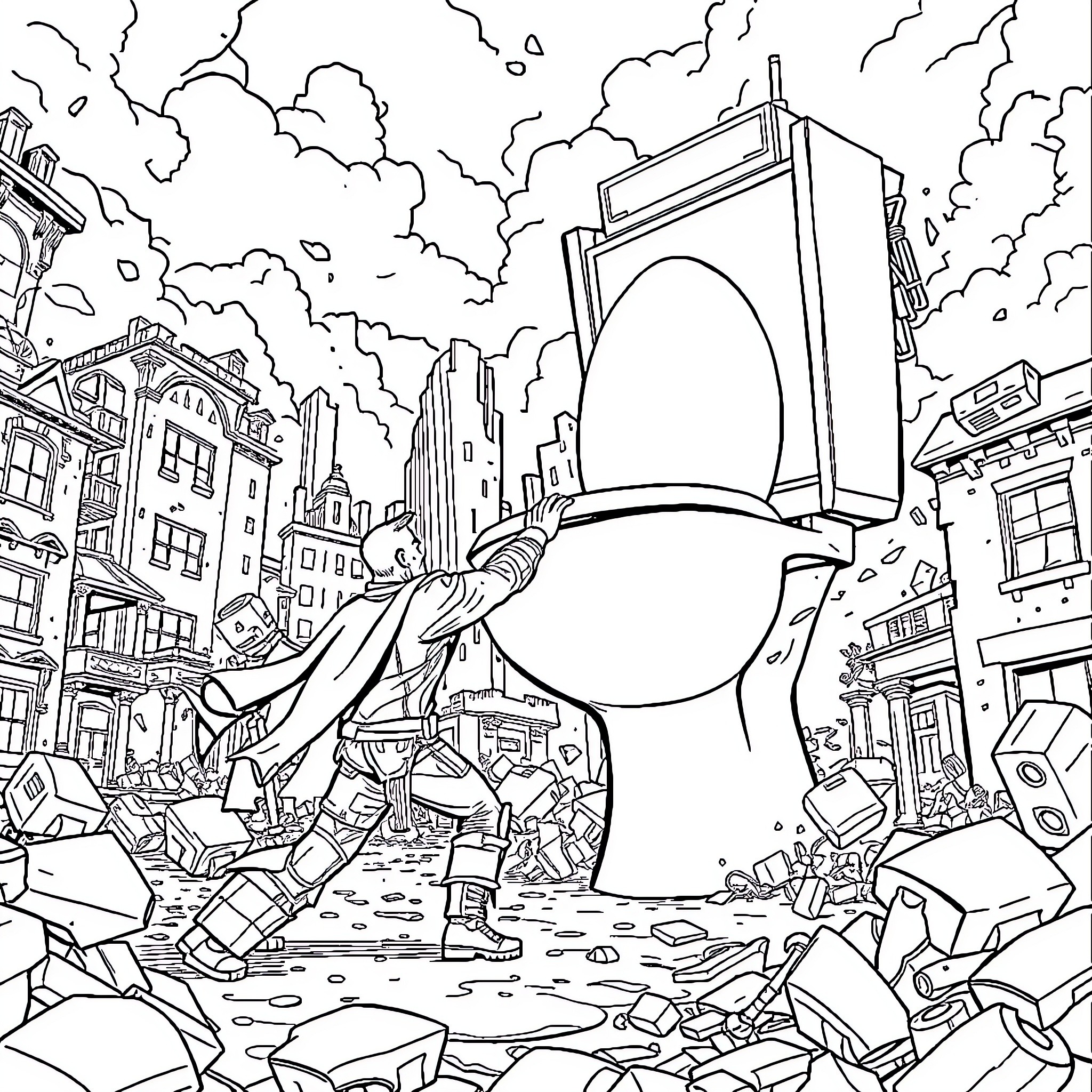 Titan Battles Against Rubble and Debris in City Coloring Page (free black-and-white line drawing printable PDF for all, from beginners to advanced learners, including children, teens, adults, and seniors)