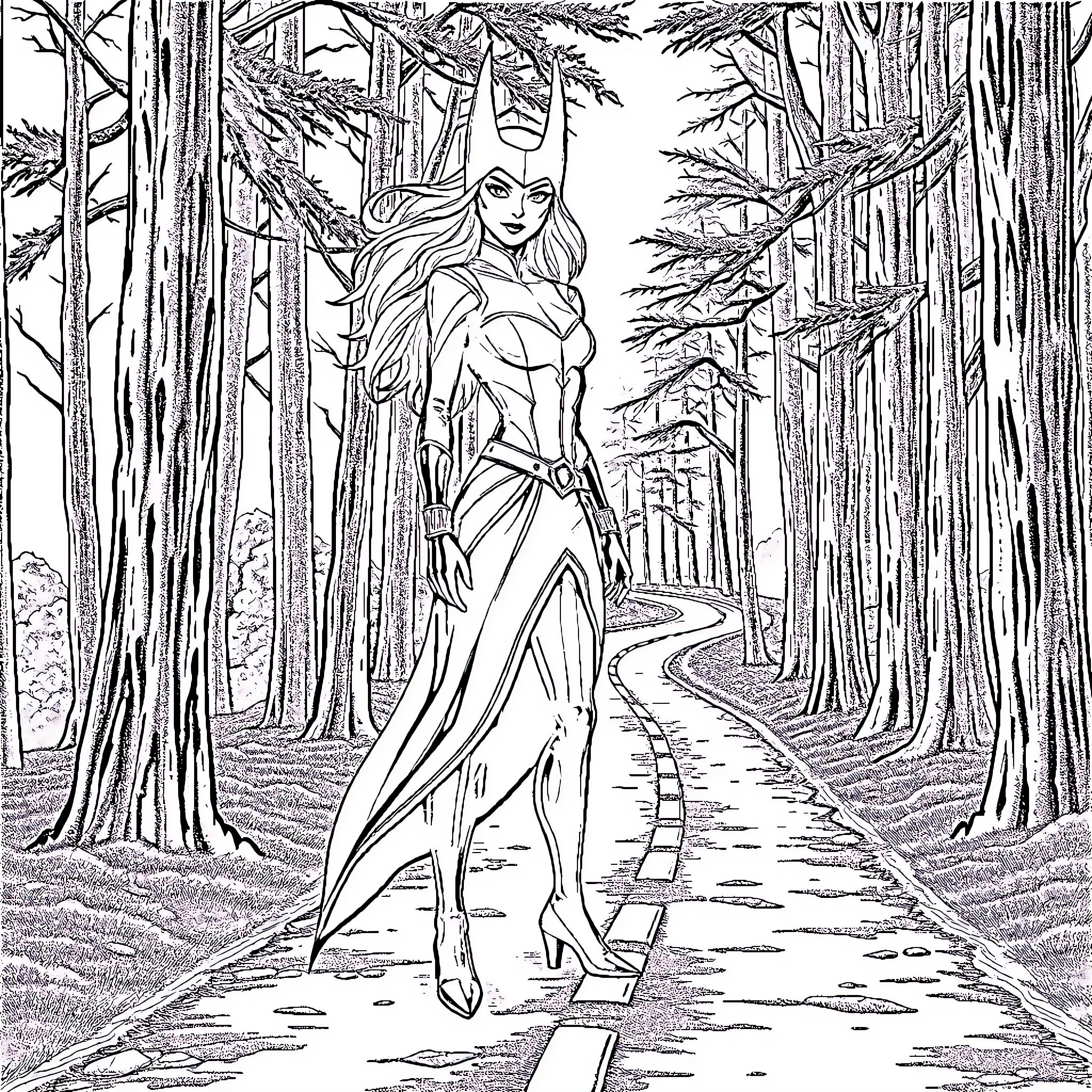 Scarlet Witch journeying through the enchanted forest Coloring Page (free black-and-white line drawing printable PDF for all, from beginners to advanced learners, including children, teens, adults, and seniors)
