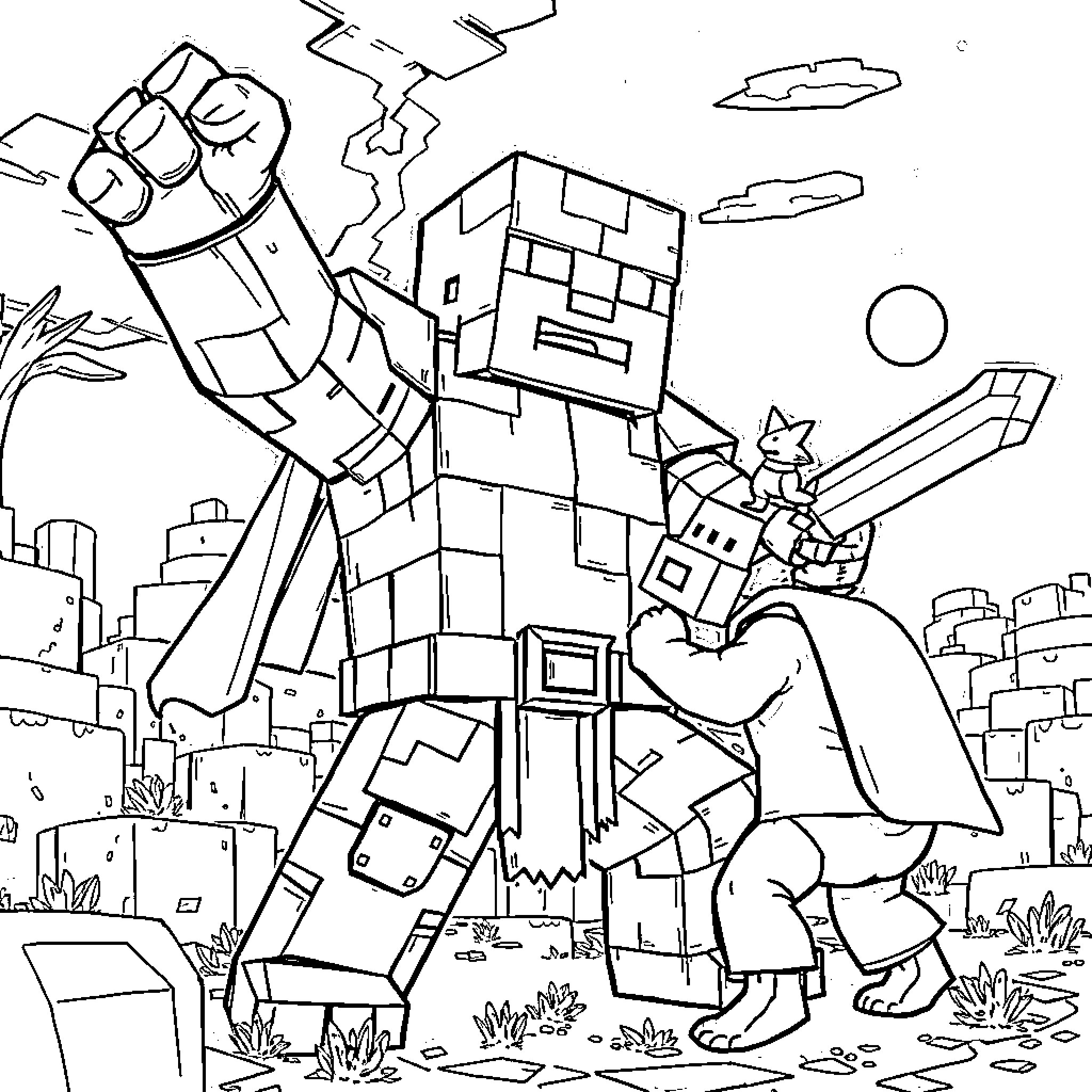 Golem Defending City from Destruction Coloring Page (free black-and-white line drawing printable PDF for all, from beginners to advanced learners, including children, teens, adults, and seniors)