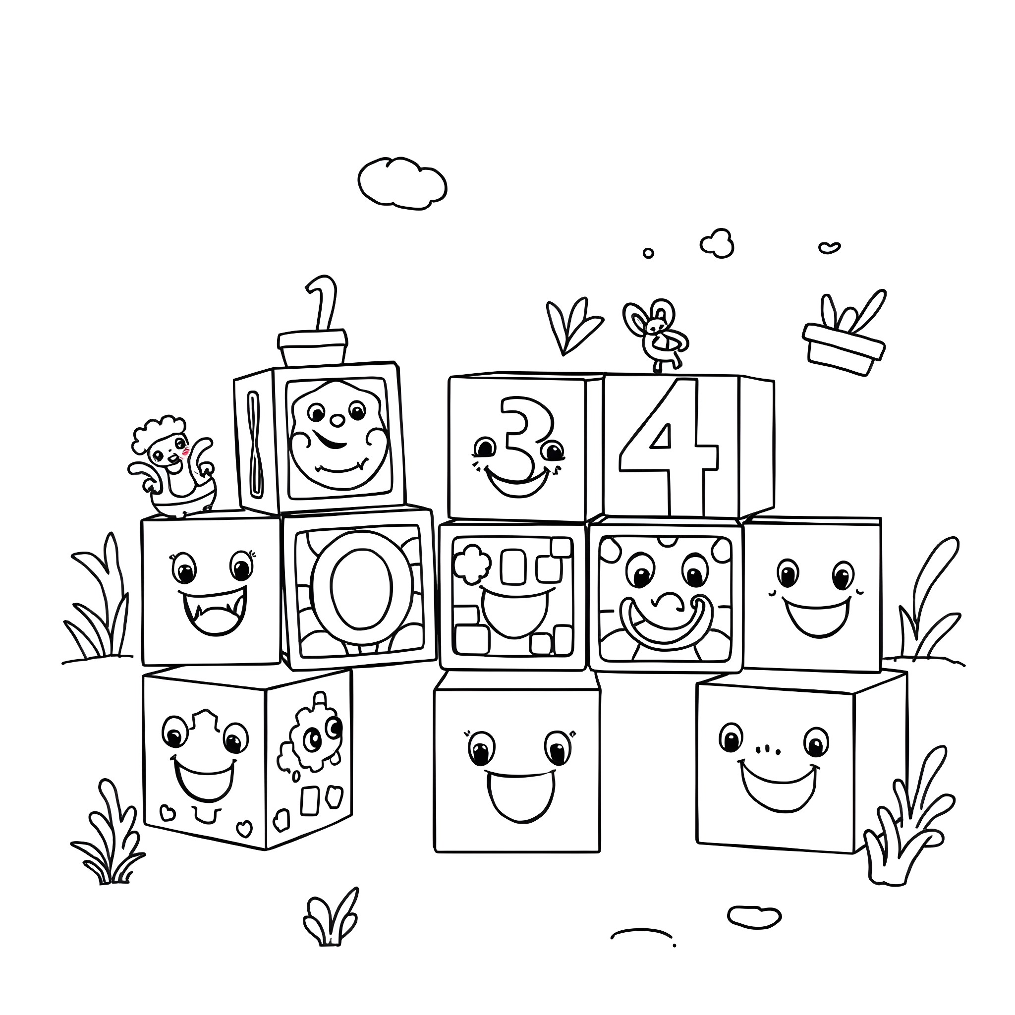 Number Blocks Cheerful Arrangement Coloring Page (free black-and-white line drawing printable PDF for all, from beginners to advanced learners, including children, teens, adults, and seniors)