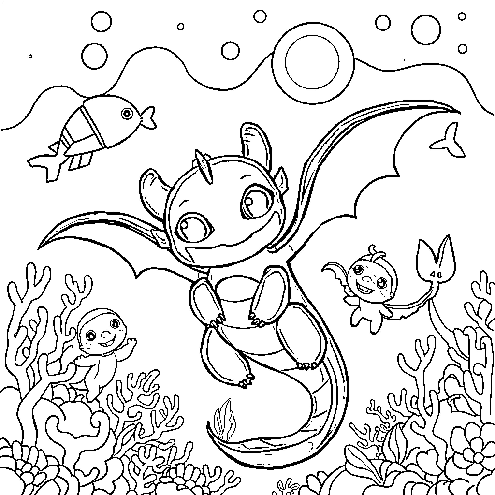 Toothless Underwater Adventure with Friendly Creatures Coloring Page (free black-and-white line drawing printable PDF for all, from beginners to advanced learners, including children, teens, adults, and seniors)