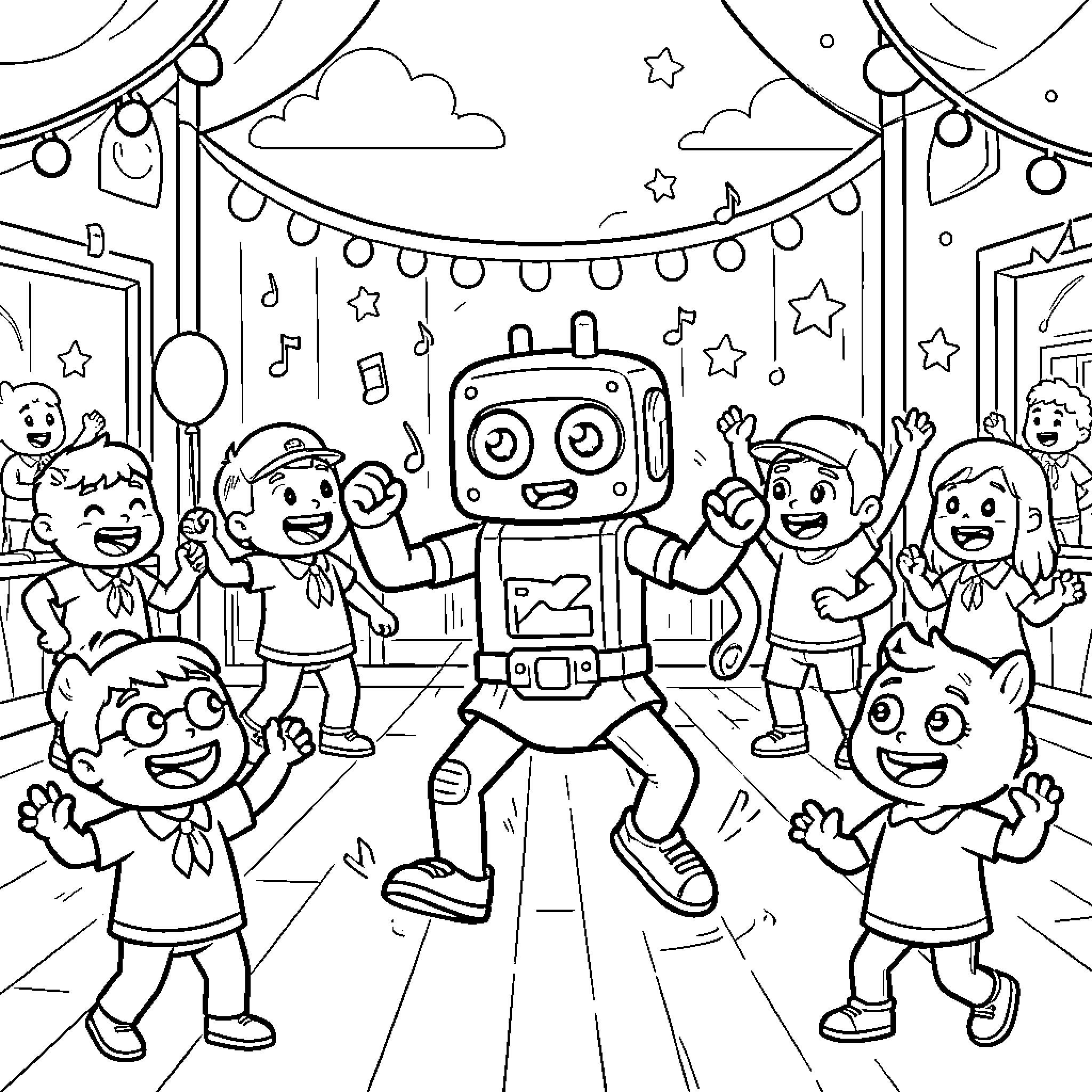 Skibidi Rizzler robot dancing joyfully with happy children Coloring Page (free black-and-white line drawing printable PDF for all, from beginners to advanced learners, including children, teens, adults, and seniors)