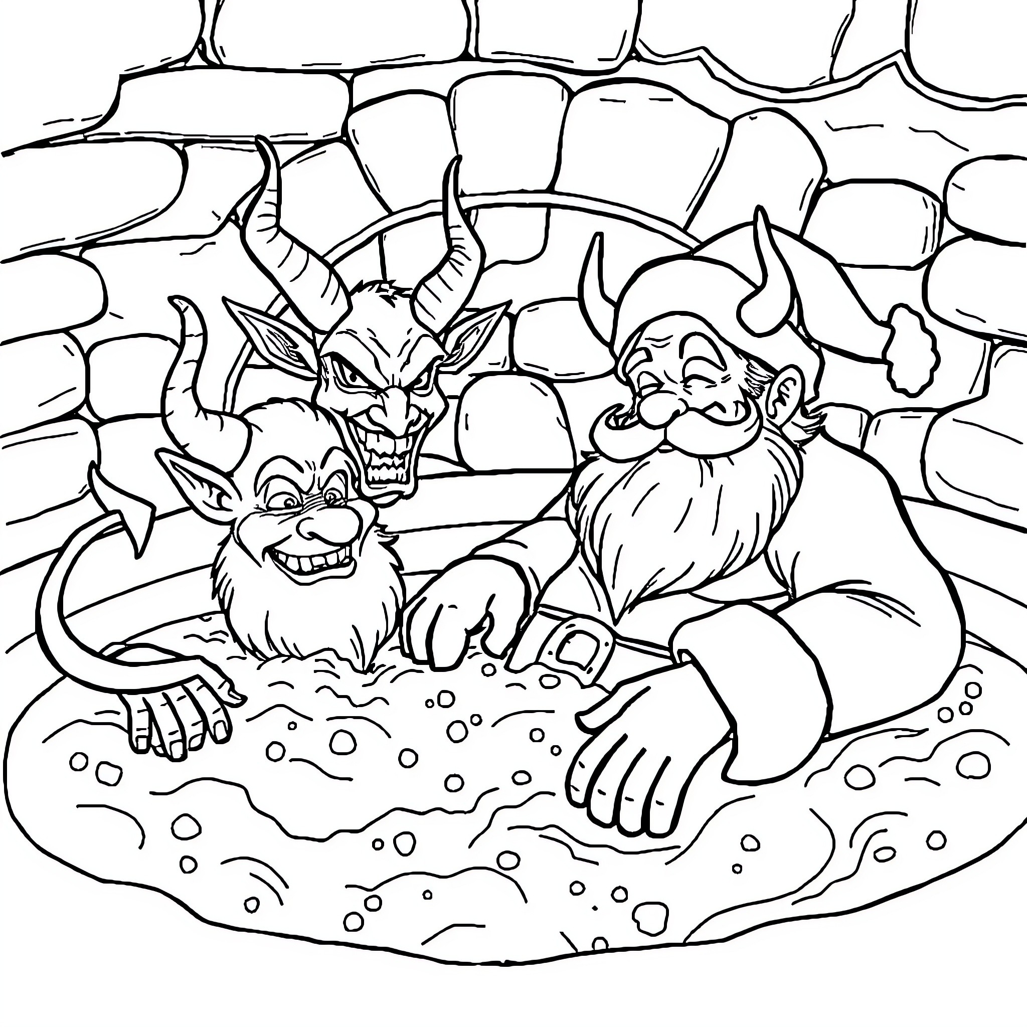 Santa and Mischievous Elves in Winter Wonderland Coloring Page (free black-and-white line drawing printable PDF for all, from beginners to advanced learners, including children, teens, adults, and seniors)