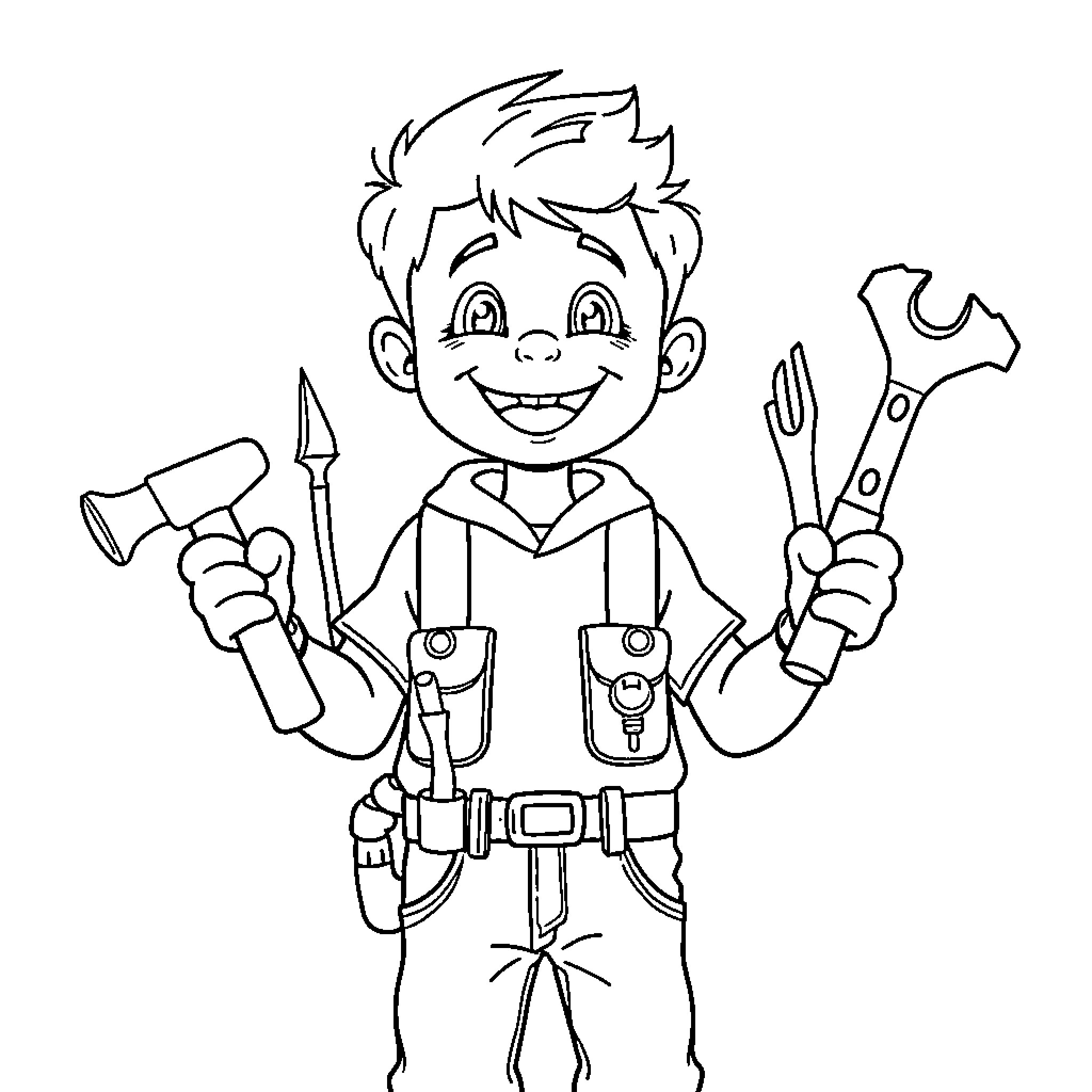 Boy with tools smiling happily Coloring Page (free black-and-white line drawing printable PDF for all, from beginners to advanced learners, including children, teens, adults, and seniors)