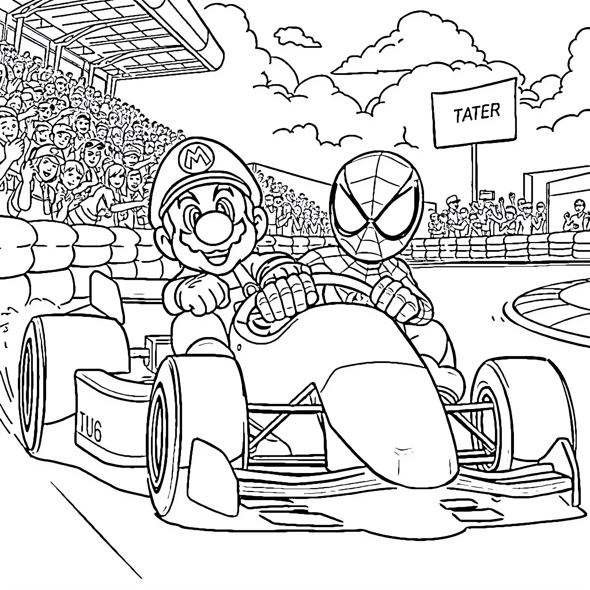 Mario Racing Against Spider-Man on the Speedway Coloring Page (free black-and-white line drawing printable PDF for all, from beginners to advanced learners, including children, teens, adults, and seniors)