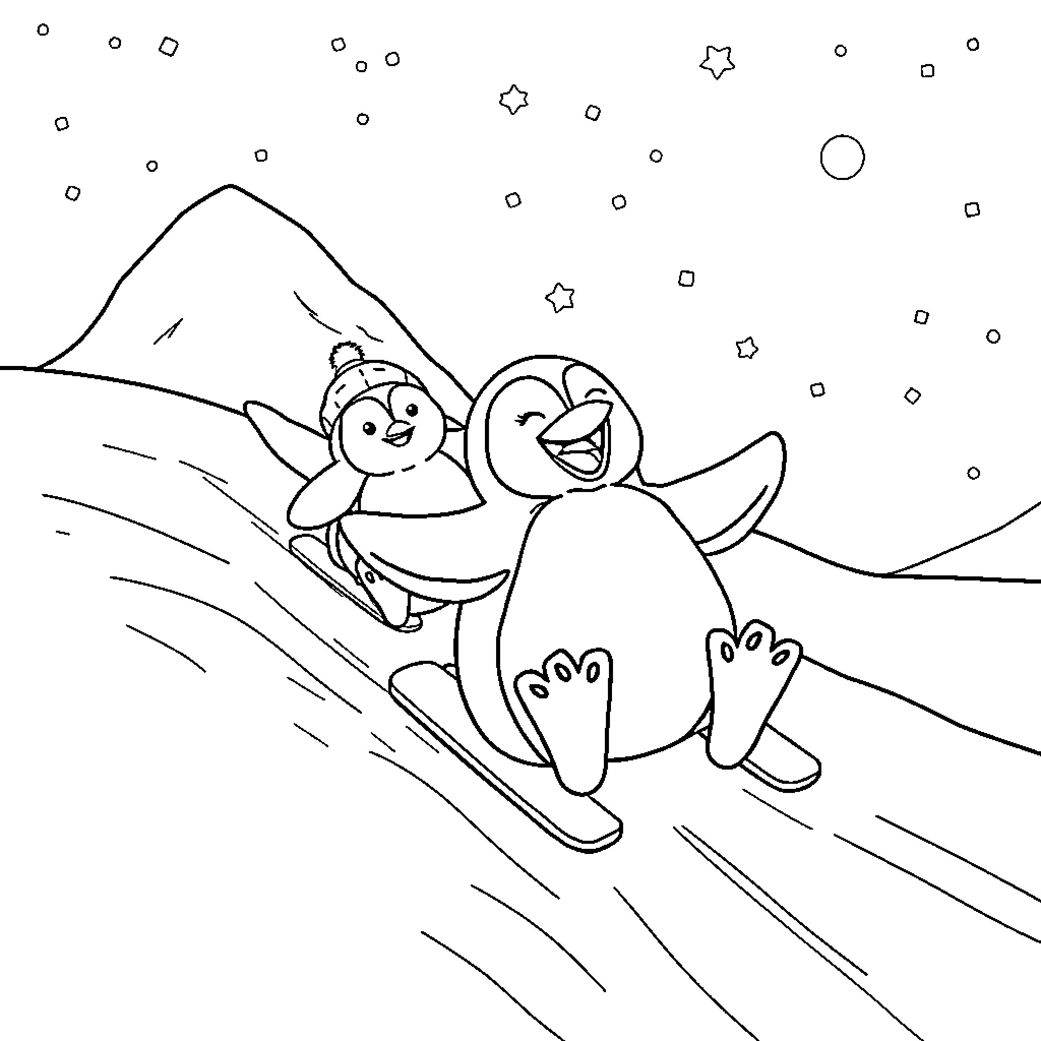 Penguins sledding joyfully in the snow Coloring Page (free black-and-white line drawing printable PDF for all, from beginners to advanced learners, including children, teens, adults, and seniors)