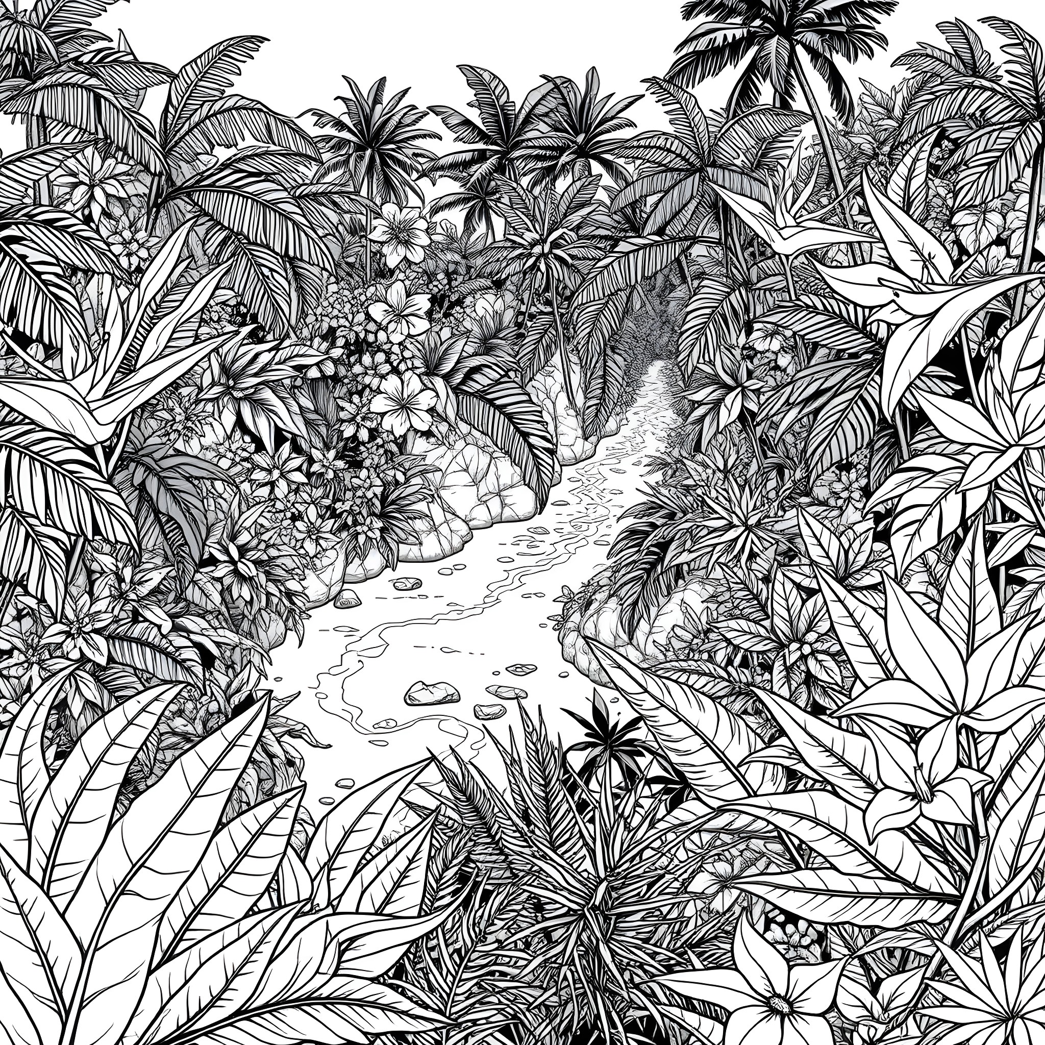 Jungle scene with lush tropical foliage Coloring Page (free black-and-white line drawing printable PDF for all, from beginners to advanced learners, including children, teens, adults, and seniors)