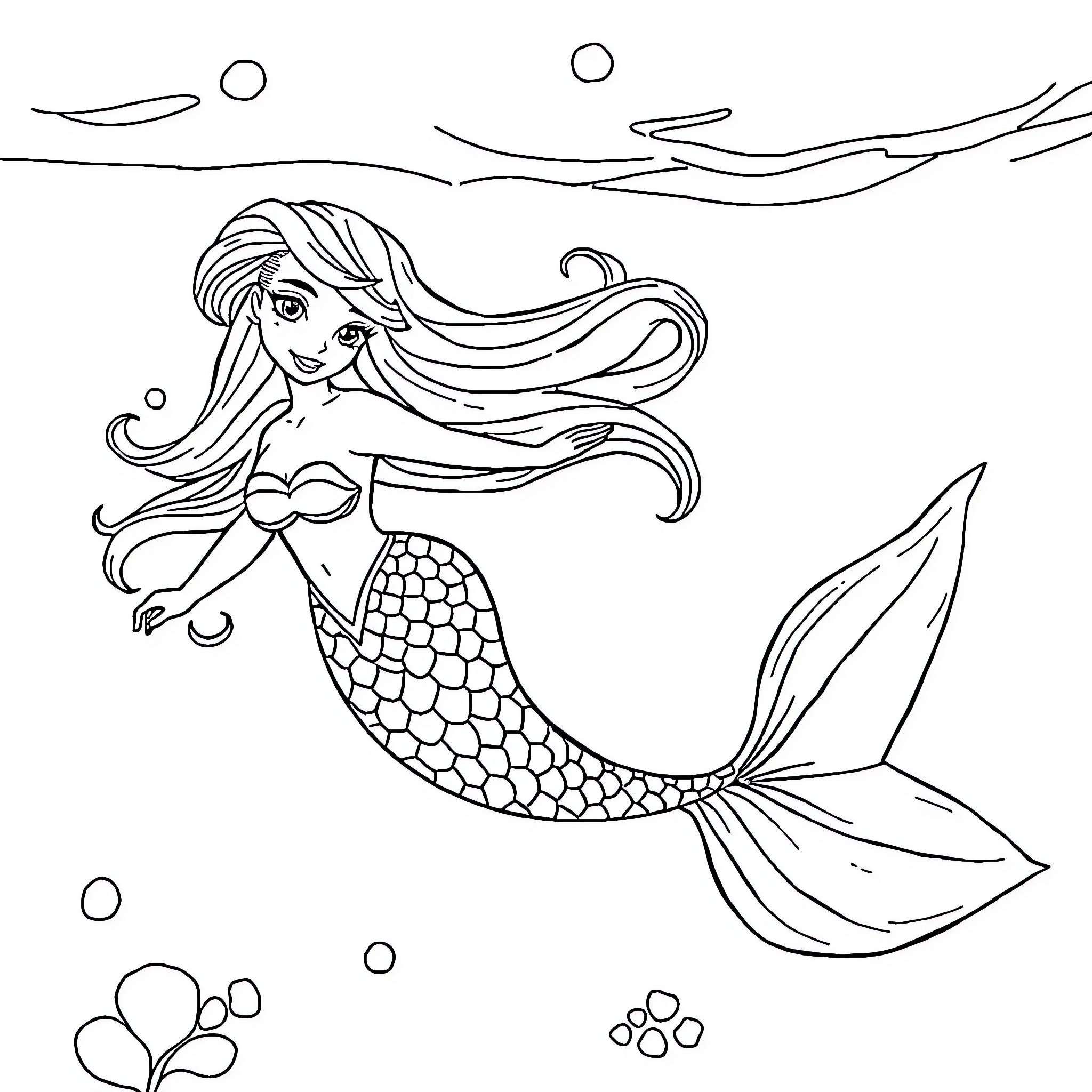 Delilah the Enchanting Mermaid Coloring Page (free black-and-white line drawing printable PDF for all, from beginners to advanced learners, including children, teens, adults, and seniors)