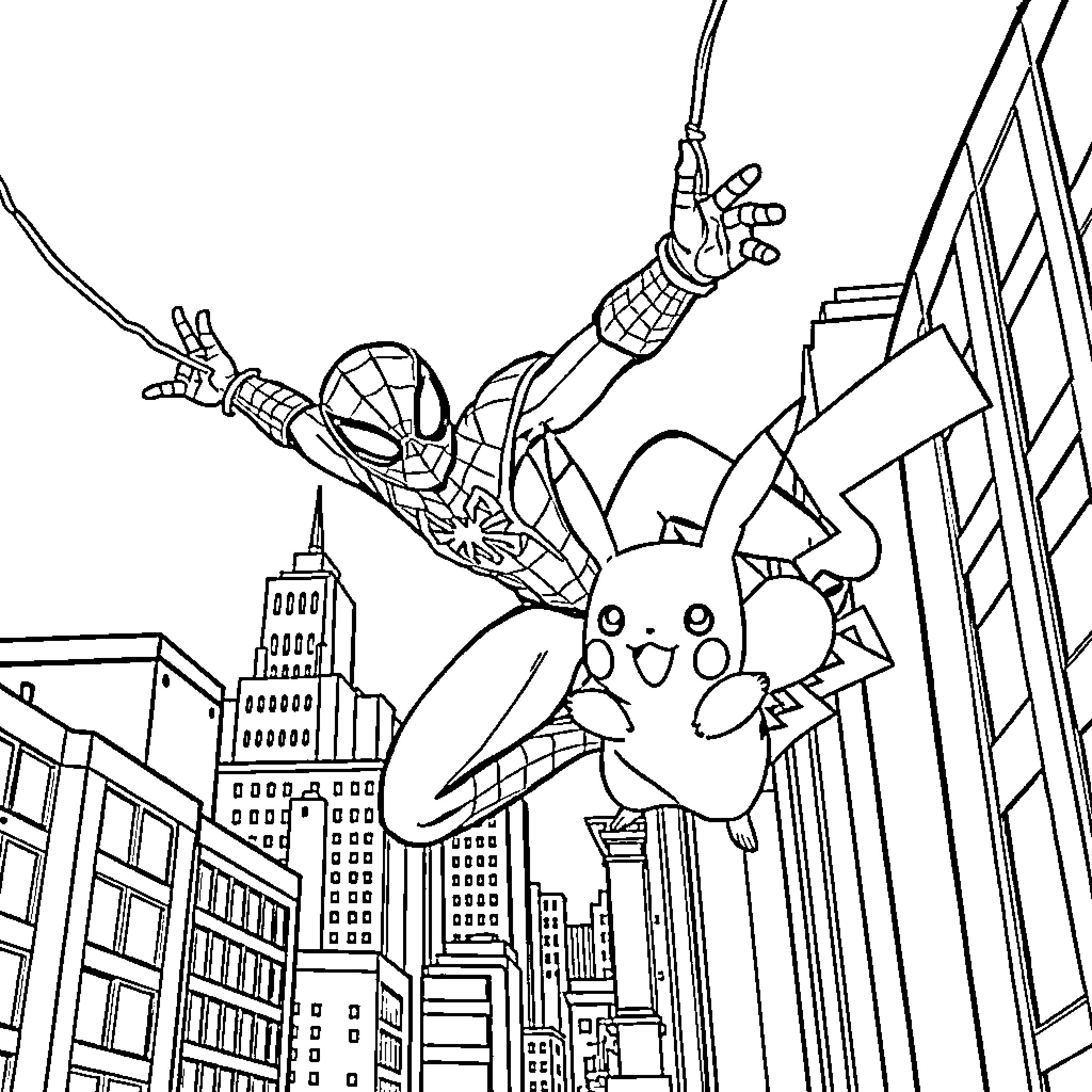 Spiderman swinging through the city with Pikachu Coloring Page (free black-and-white line drawing printable PDF for all, from beginners to advanced learners, including children, teens, adults, and seniors)