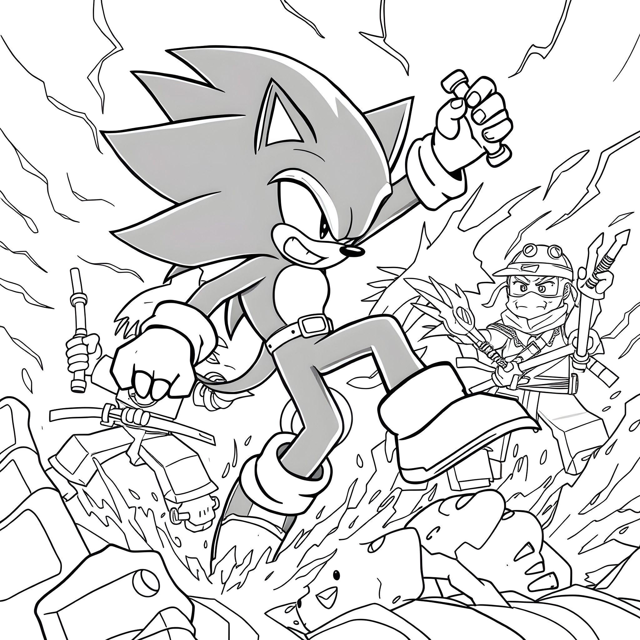 Sonic's Heroic Adventure with Allies Coloring Page (free black-and-white line drawing printable PDF for all, from beginners to advanced learners, including children, teens, adults, and seniors)