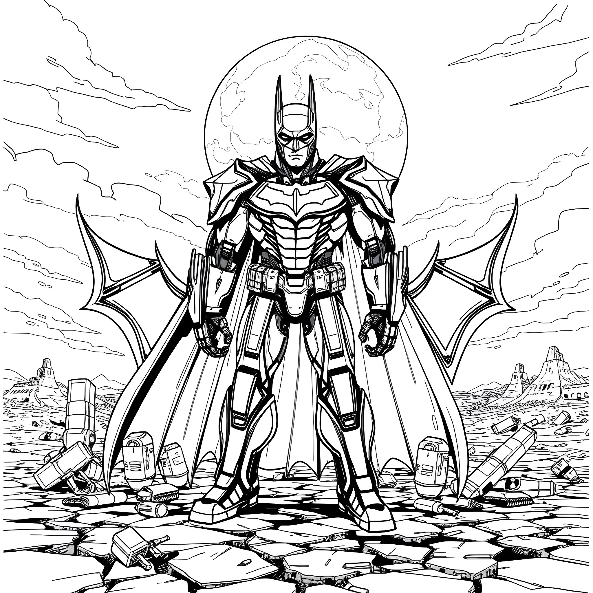 Mecha Batman surveying the ruined city Coloring Page (free black-and-white line drawing printable PDF for all, from beginners to advanced learners, including children, teens, adults, and seniors)