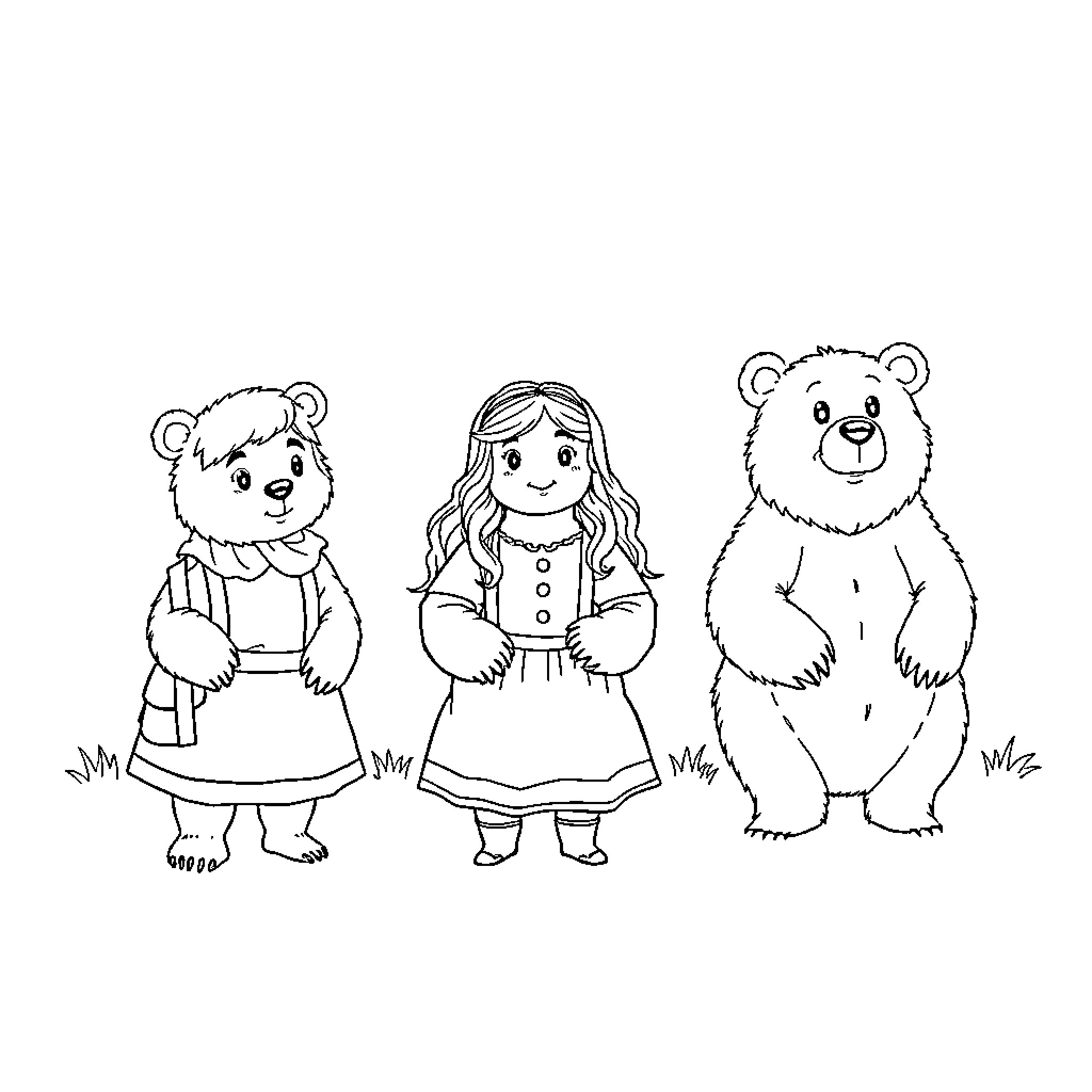 Goldilocks exploring the home of the three bears Coloring Page (free black-and-white line drawing printable PDF for all, from beginners to advanced learners, including children, teens, adults, and seniors)