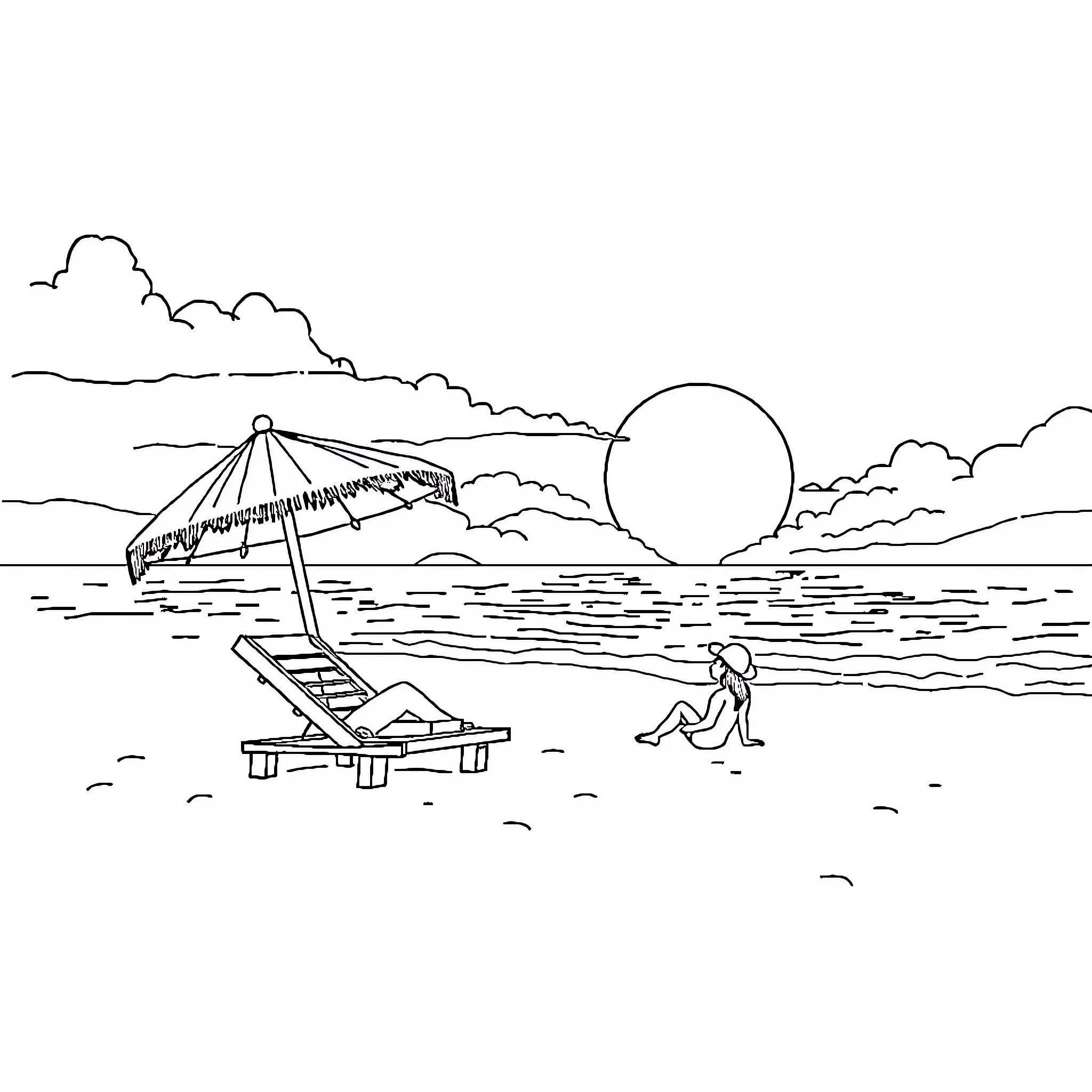 Playa scene of person relaxing at the beach Coloring Page (free black-and-white line drawing printable PDF for all, from beginners to advanced learners, including children, teens, adults, and seniors)