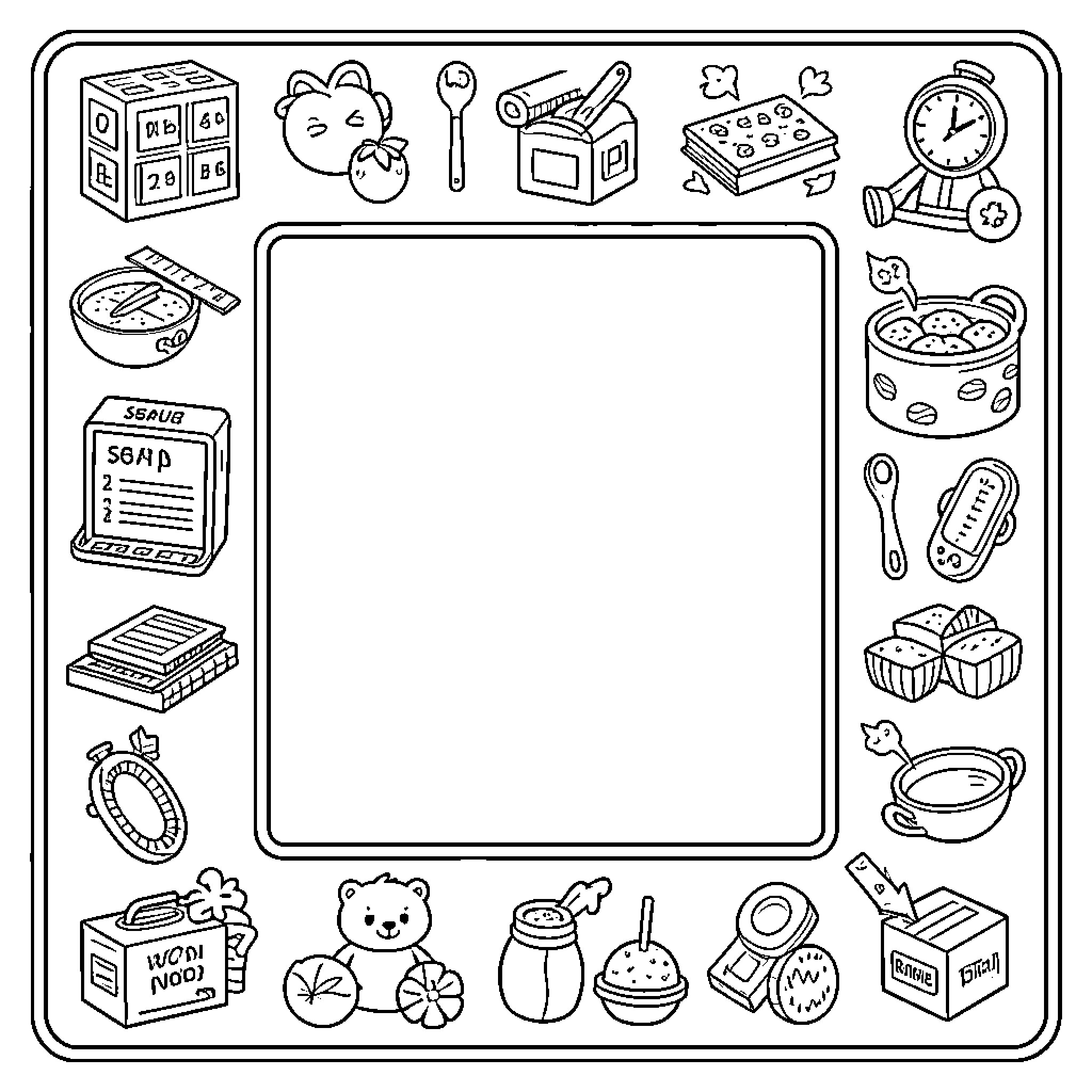 Unidad de Medida: Various Cooking and Baking Tools and Utensils Coloring Page (free black-and-white line drawing printable PDF for all, from beginners to advanced learners, including children, teens, adults, and seniors)