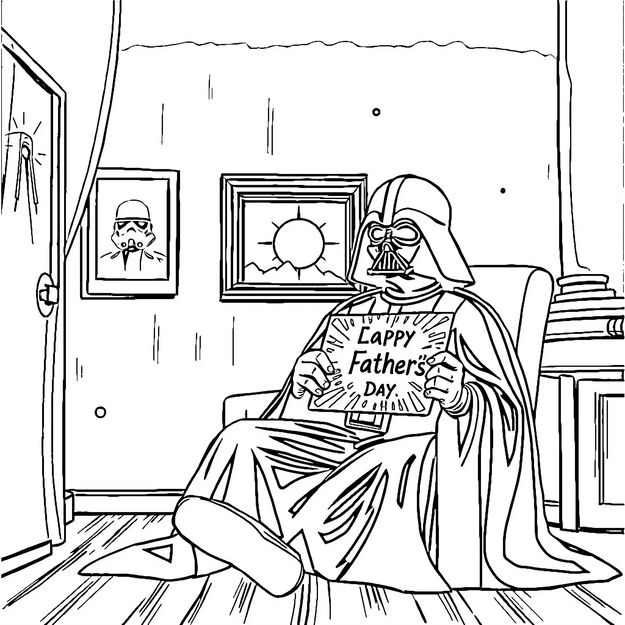 Darth Vader celebrates Father's Day Coloring Page (free black-and-white line drawing printable PDF for all, from beginners to advanced learners, including children, teens, adults, and seniors)