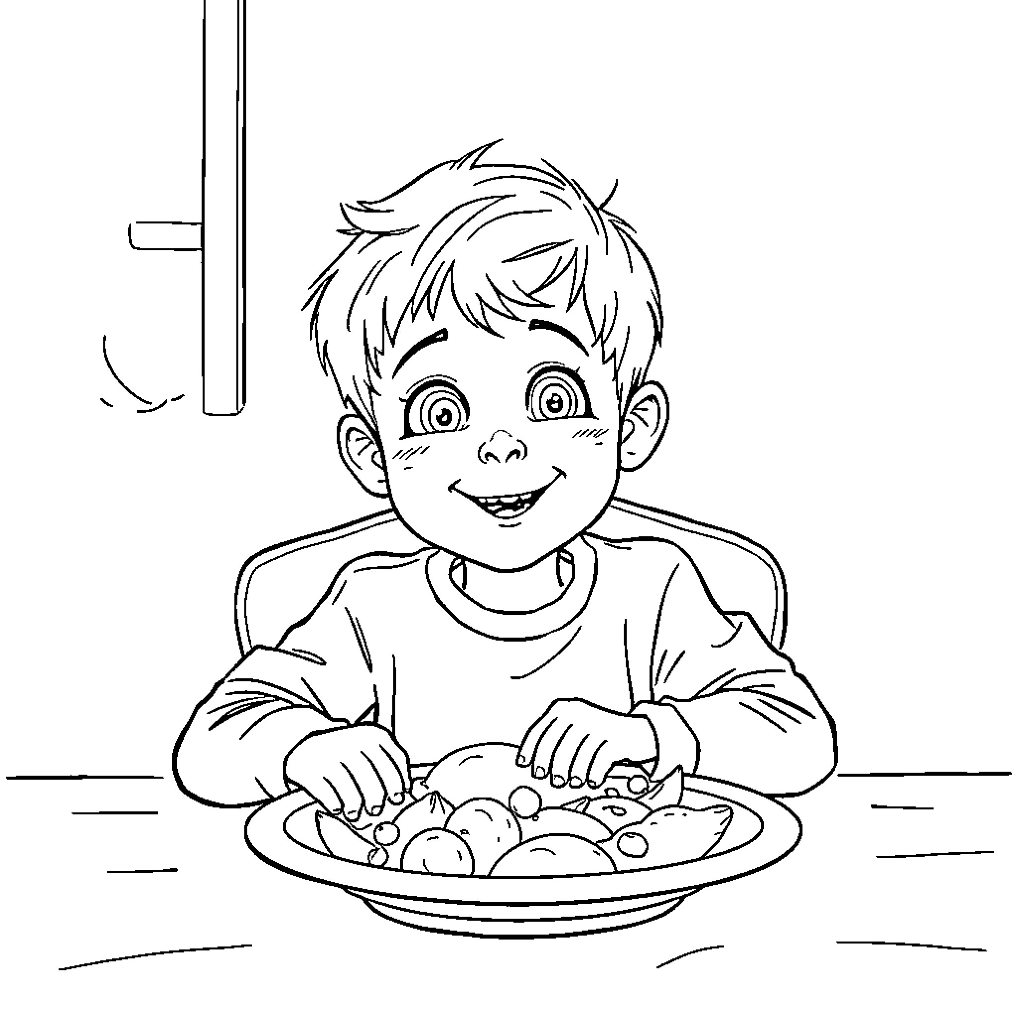 Son enjoying a hearty meal at the table Coloring Page (free black-and-white line drawing printable PDF for all, from beginners to advanced learners, including children, teens, adults, and seniors)
