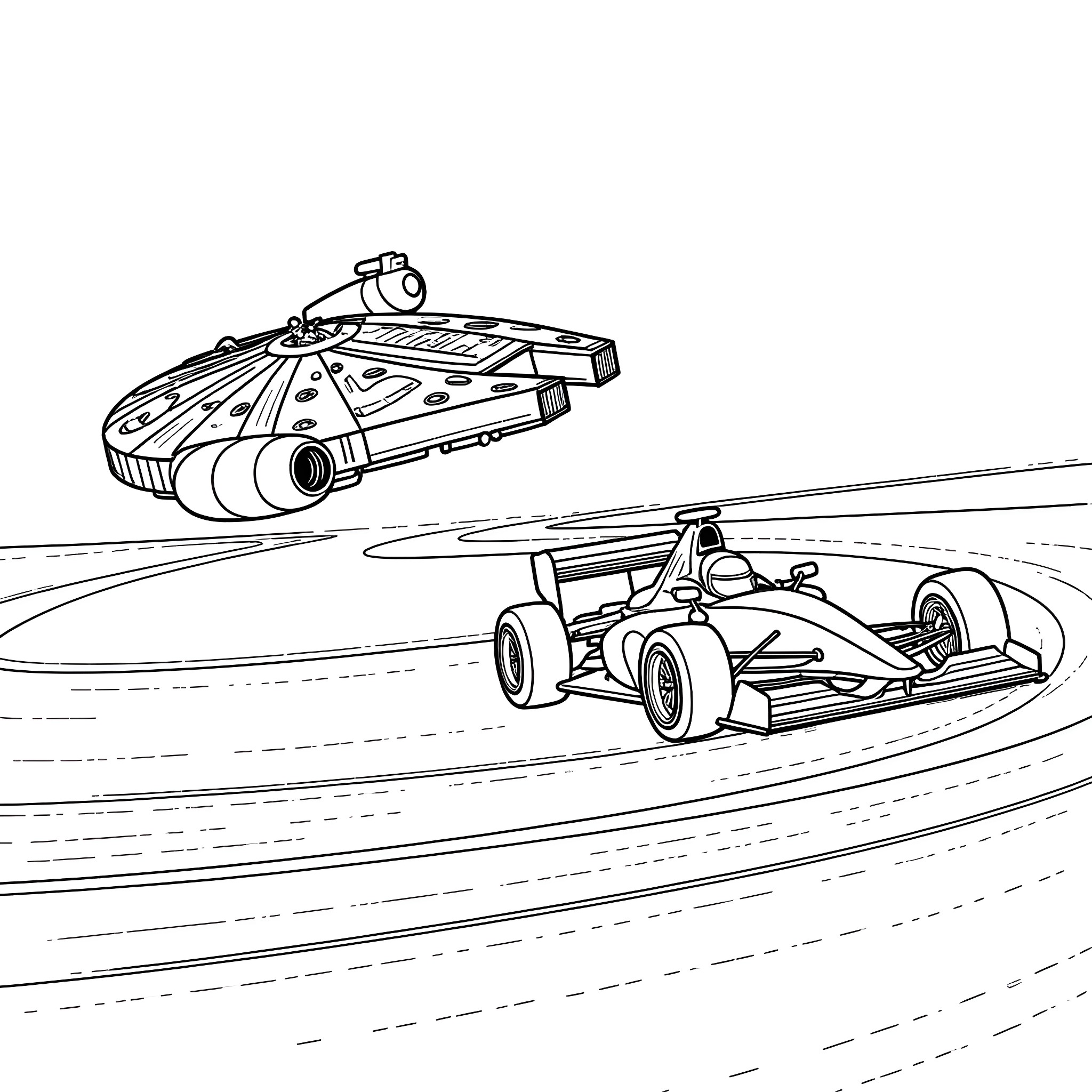 Millennium Falcon racing against Formula 1 car on the track Coloring Page (free black-and-white line drawing printable PDF for all, from beginners to advanced learners, including children, teens, adults, and seniors)