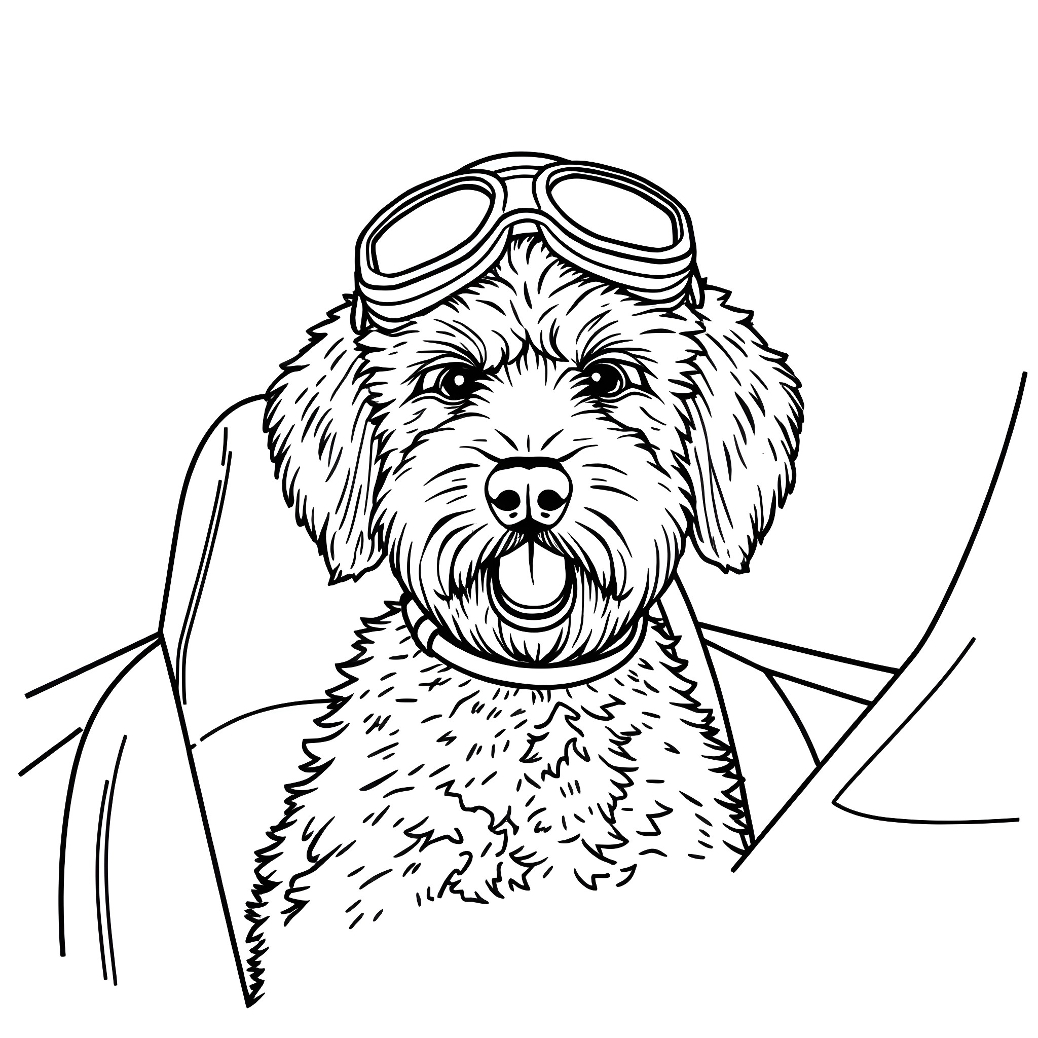 Labradoodle pilot in flight goggles Coloring Page (free black-and-white line drawing printable PDF for all, from beginners to advanced learners, including children, teens, adults, and seniors)